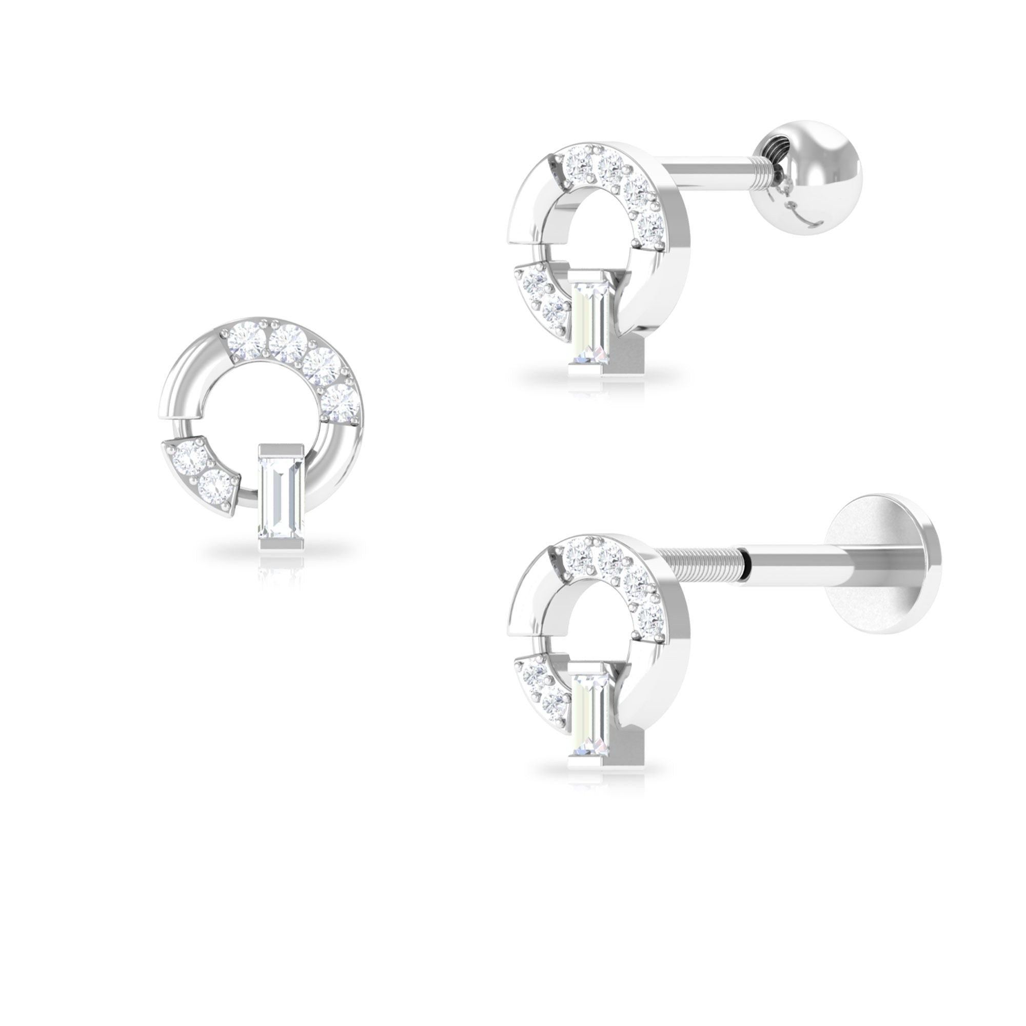 Baguette and Round Moissanite Open Circle Cartilage Earring Moissanite - ( D-VS1 ) - Color and Clarity - Rosec Jewels