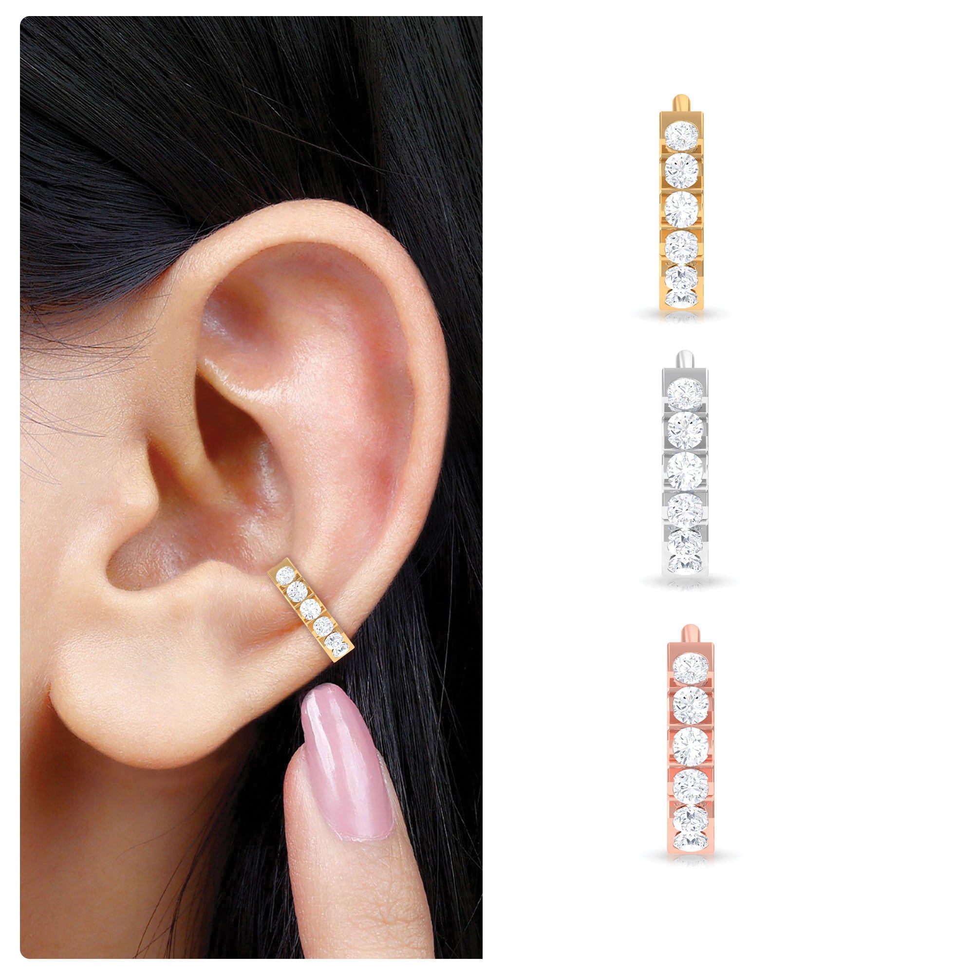 Certified Diamond Helix Huggie Hoop Earring Natural - ( HI-SI ) - Rosec Jewels