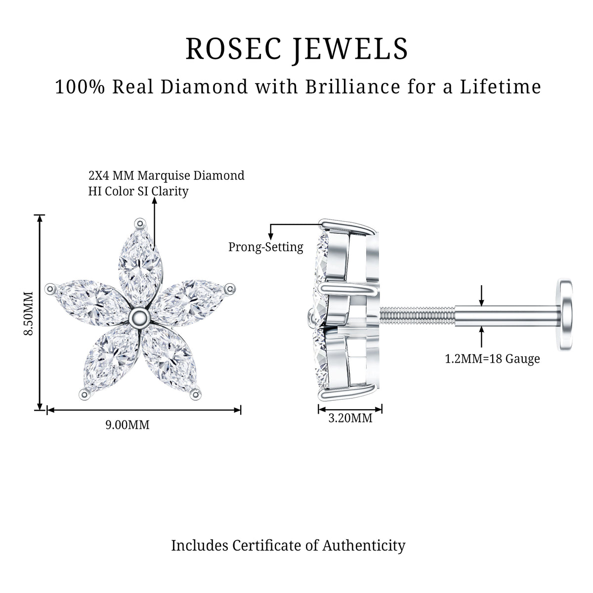 Marquise Diamond Floral Upper Lobe Earring Natural - ( HI-SI ) - Rosec Jewels