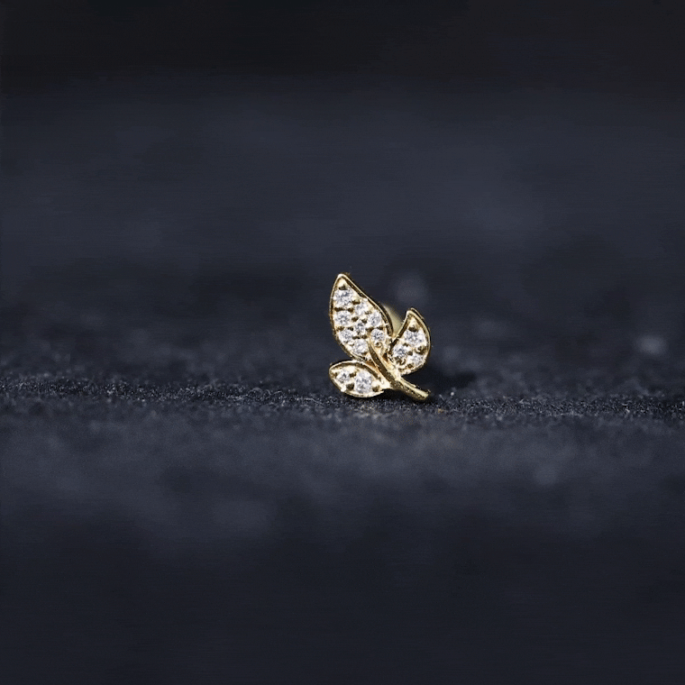 Diamond Leaf Flat Back Cartilage Stud Earring (18G) – Nature Inspired Helix & Tragus Jewelry in Gold Natural - ( HI-SI ) - Rosec Jewels