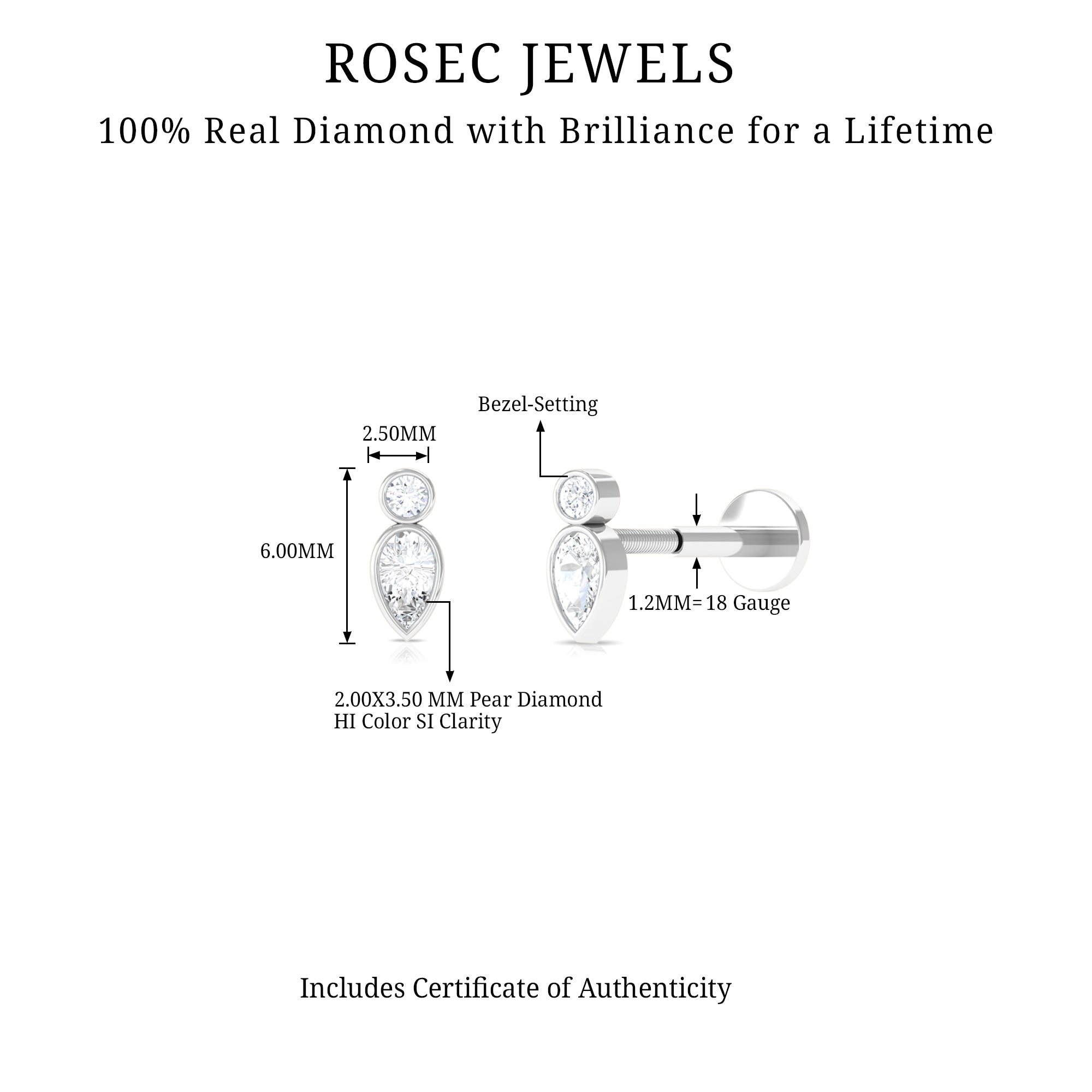Minimal Pear Diamond Tragus Earring in Bezel Setting Natural - ( HI-SI ) - Rosec Jewels