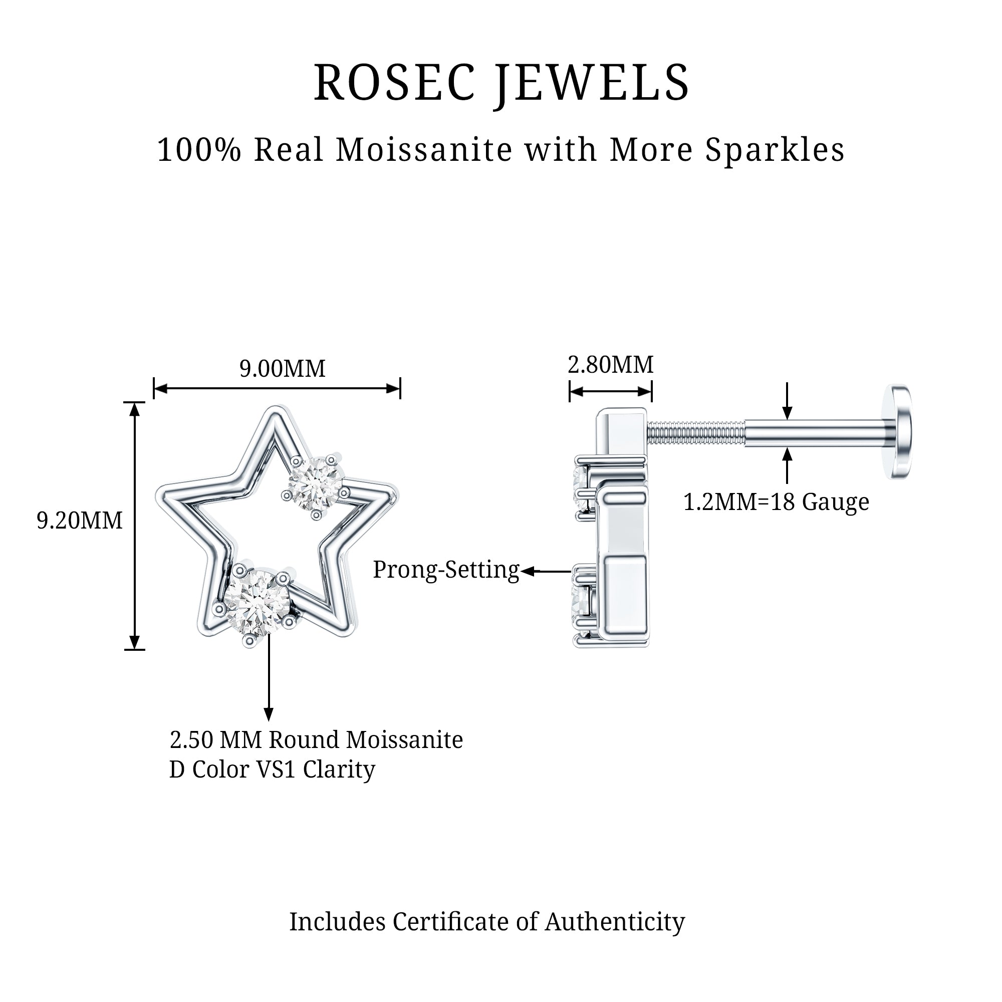 Certified Moissanite Star Shaped Earring for Upper Lobe Piercing D-VS1 - Rosec Jewels