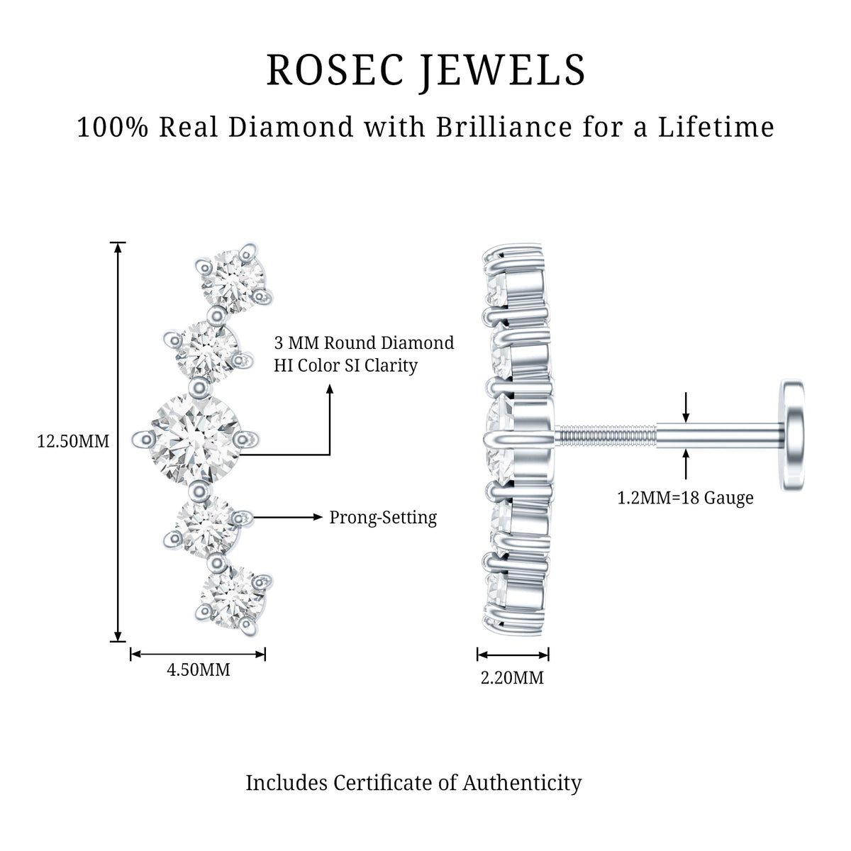 Graduated Style Diamond Crawler Earring for Women Natural - ( HI-SI ) - Rosec Jewels