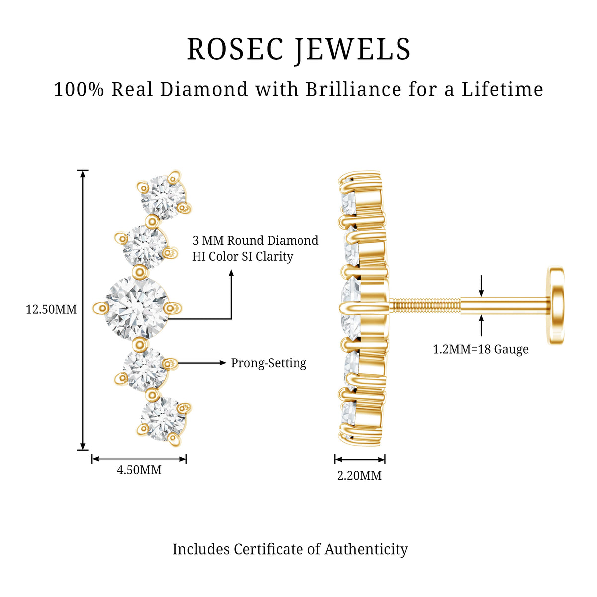 Graduated Style Diamond Crawler Earring for Women Natural - ( HI-SI ) - Rosec Jewels