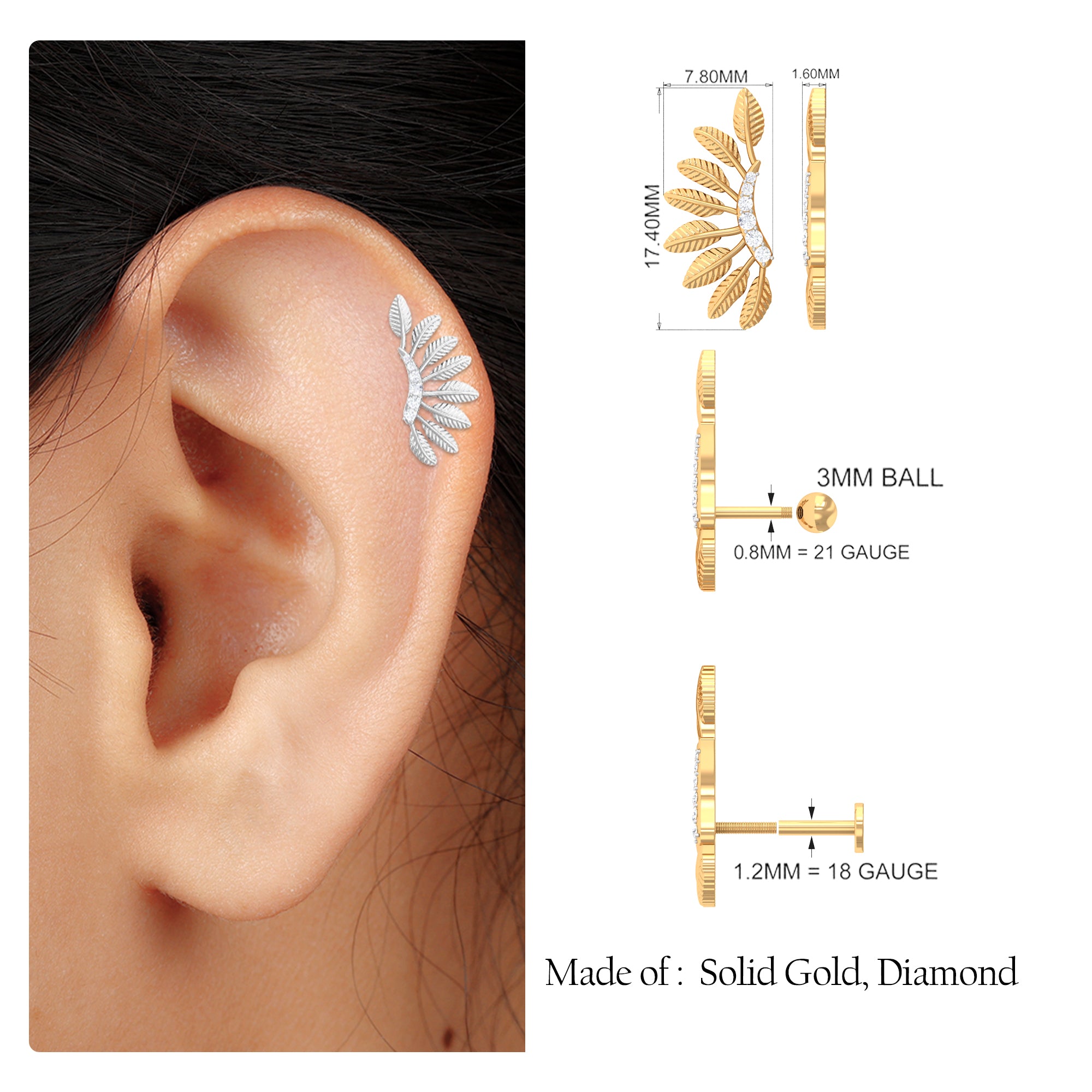 Moissanite Gold Feather Earring for Cartilage Piercing Moissanite - ( D-VS1 ) - Color and Clarity - Rosec Jewels