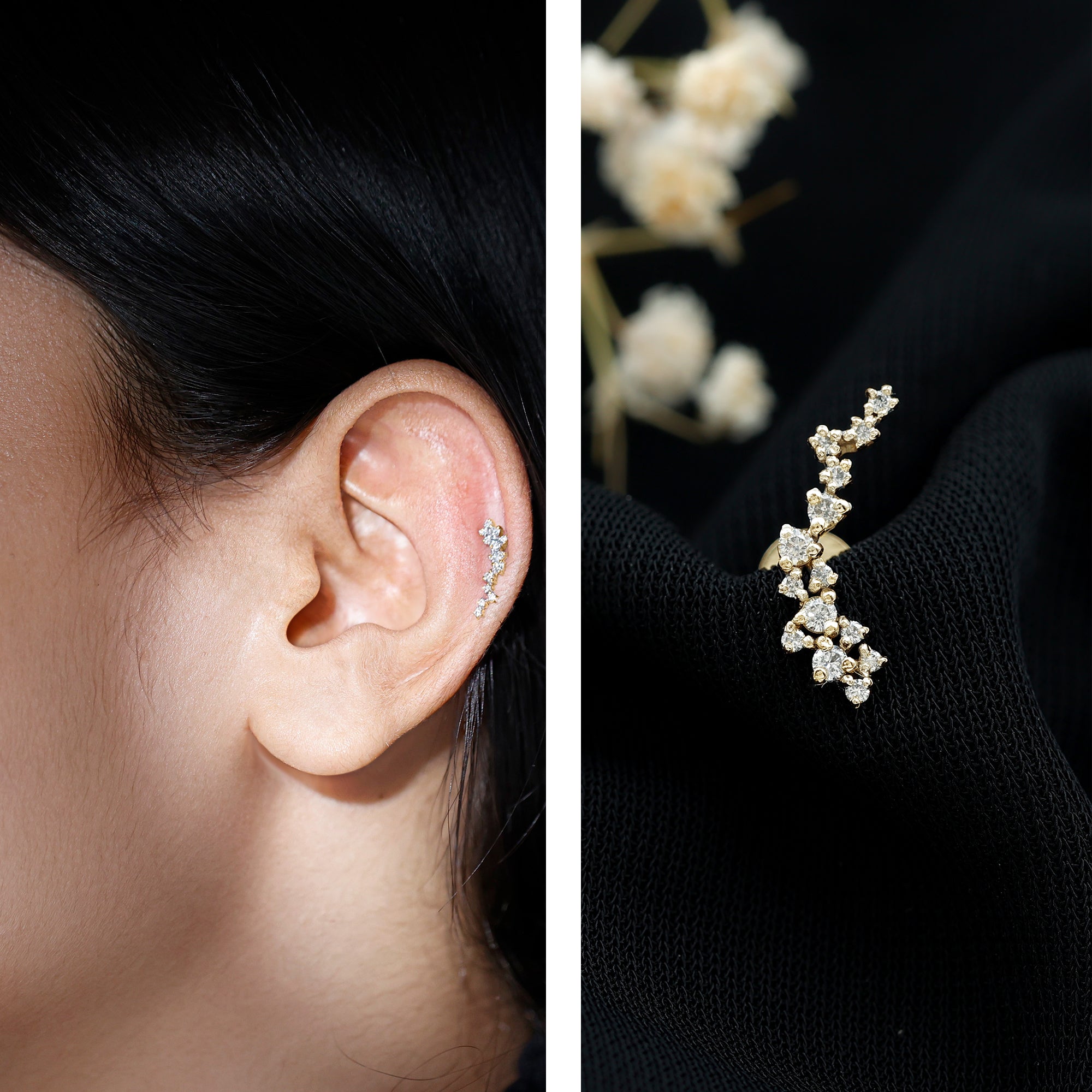 Natural Diamond Cluster Crawler Earring for Helix Piercing Natural - ( HI-SI ) - Rosec Jewels