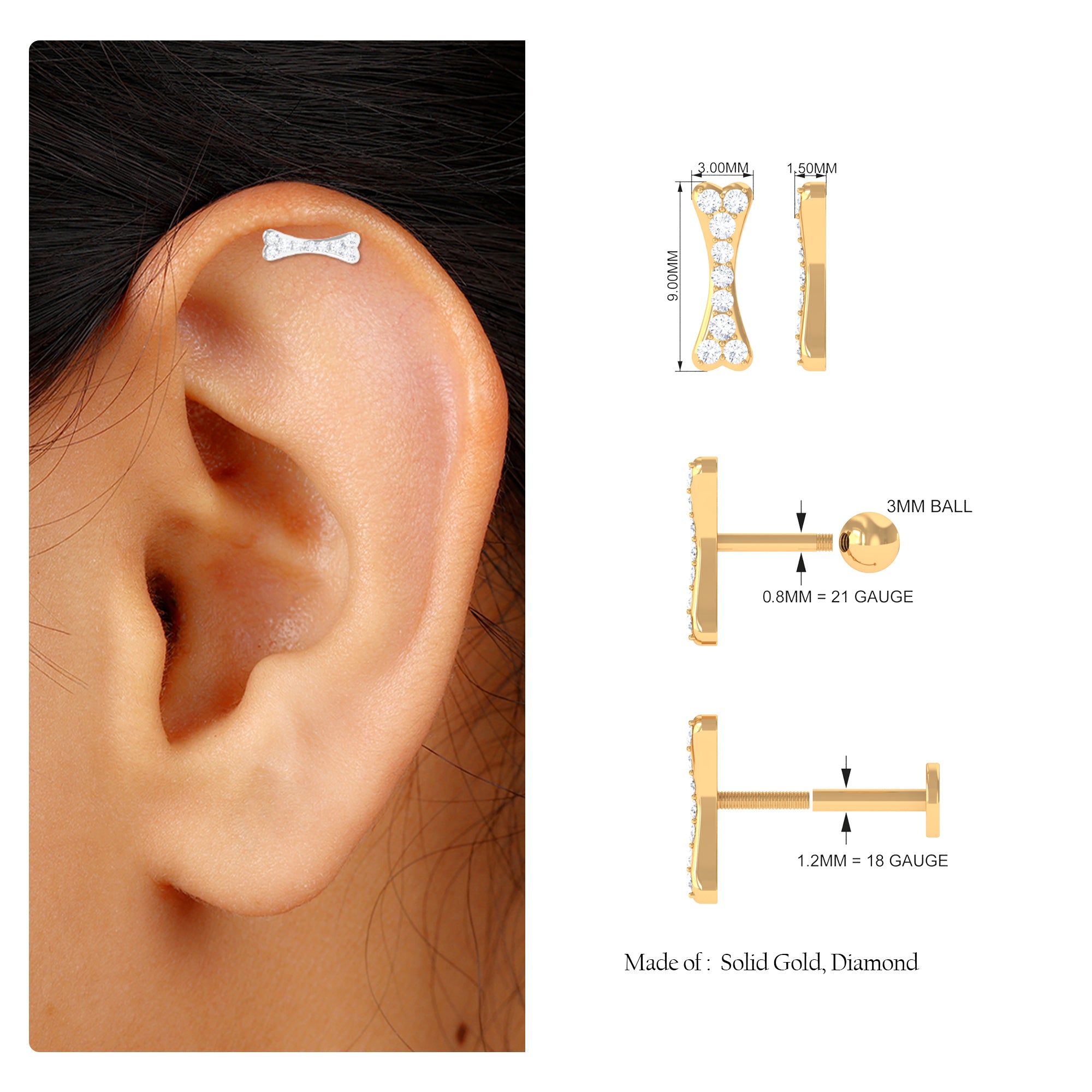 Moissanite Dog Bone Earring for Helix Piercing Moissanite - ( D-VS1 ) - Color and Clarity - Rosec Jewels
