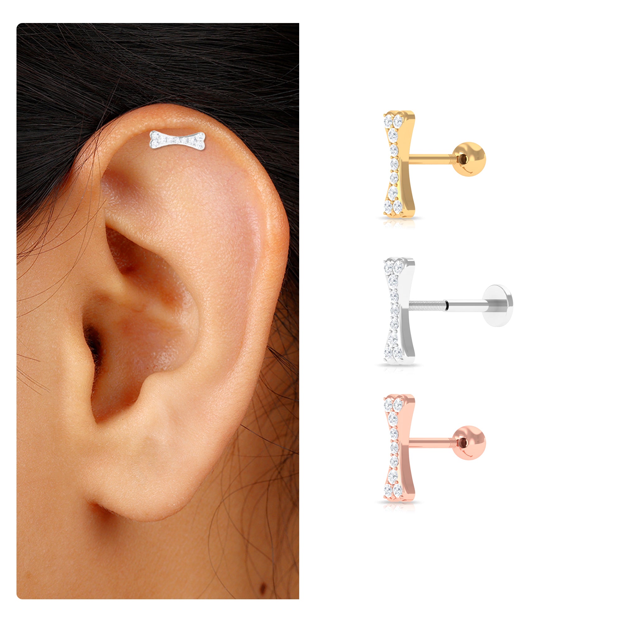Moissanite Dog Bone Earring for Helix Piercing Moissanite - ( D-VS1 ) - Color and Clarity - Rosec Jewels