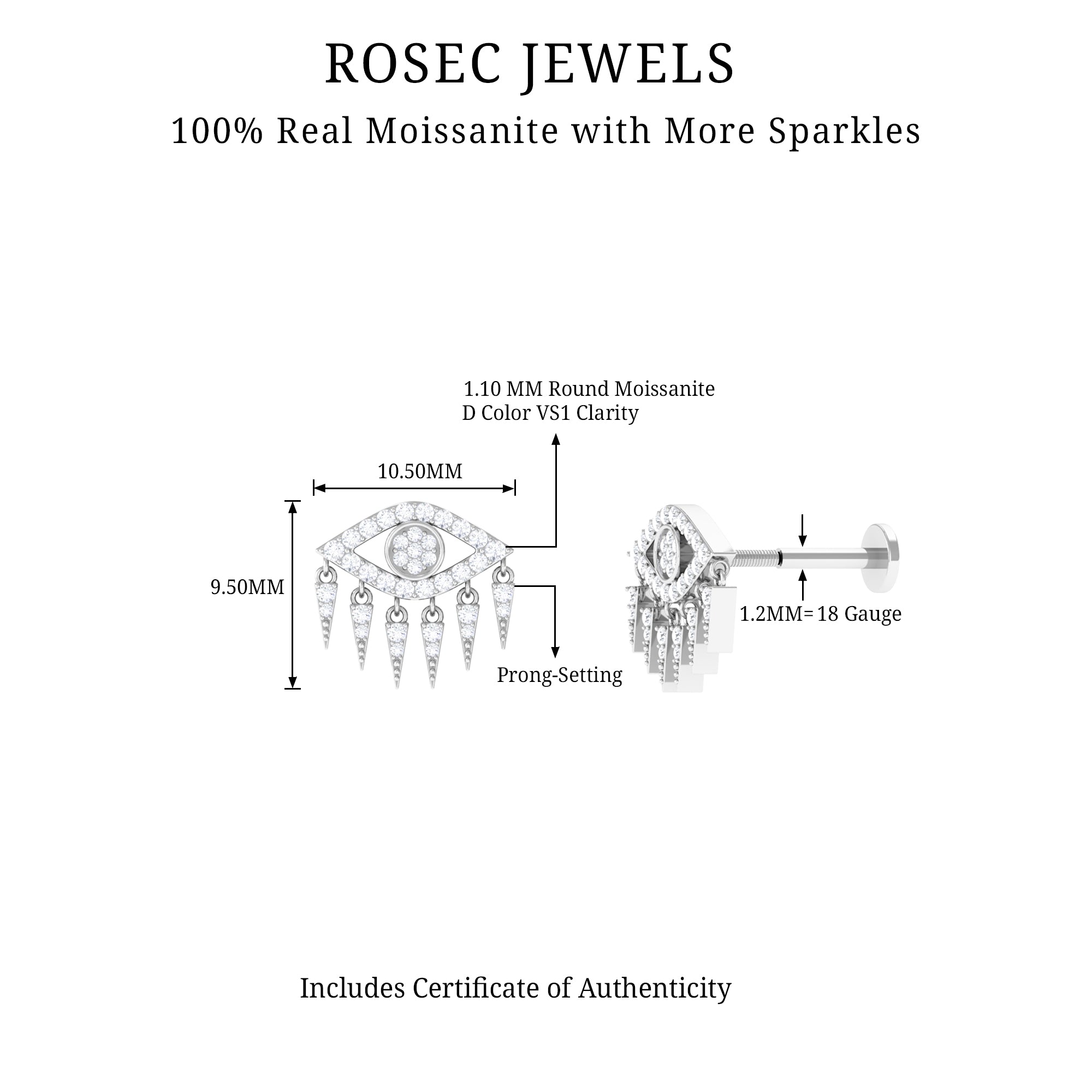 Unique Moissanite Evil Eye Earring for Cartilage Piercing D-VS1 - Rosec Jewels
