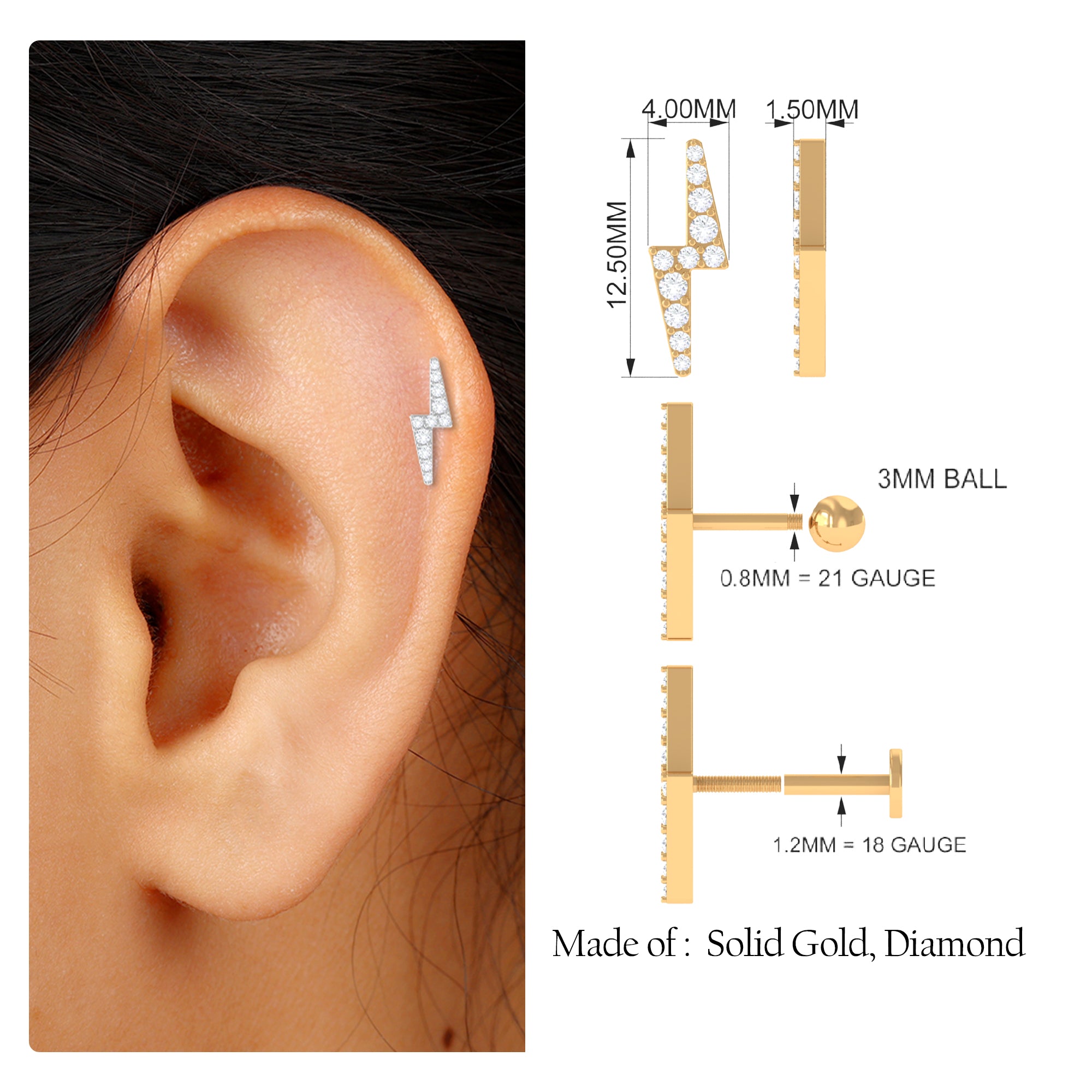 Moissanite Gold Lightning Bolt Cartilage Earring Moissanite - ( D-VS1 ) - Color and Clarity - Rosec Jewels