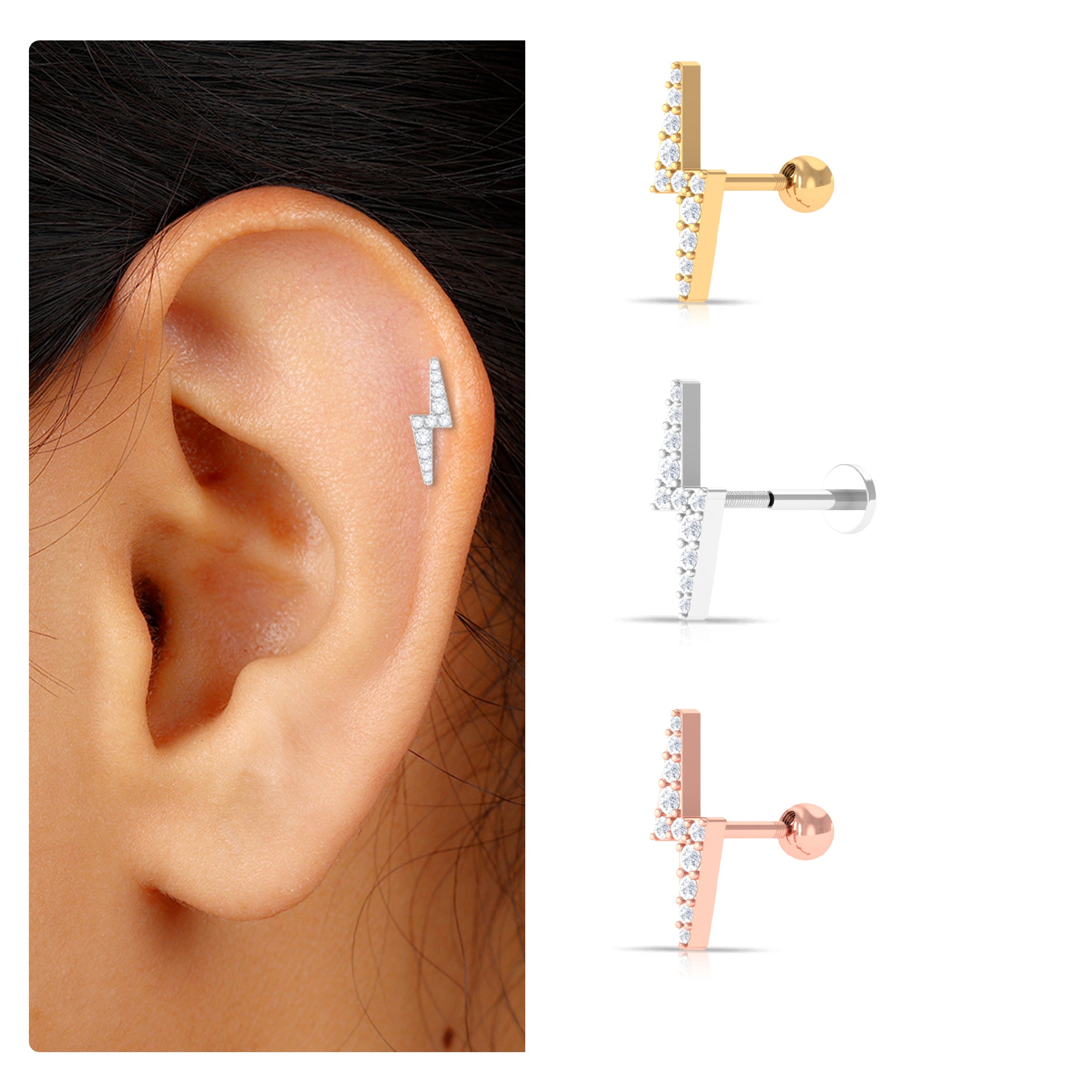 Moissanite Gold Lightning Bolt Cartilage Earring Moissanite - ( D-VS1 ) - Color and Clarity - Rosec Jewels