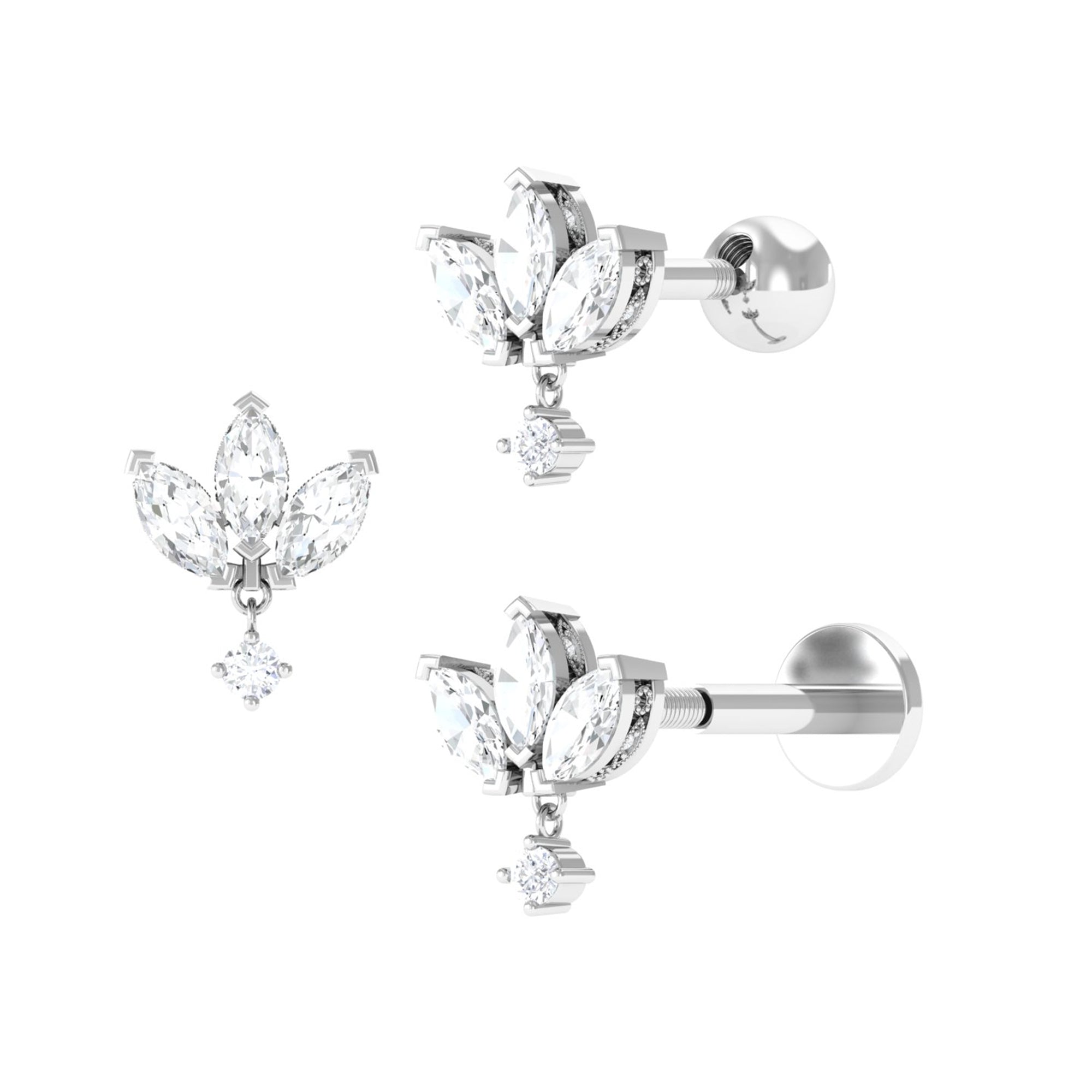 Certified Moissanite Lotus Earring for Cartilage Piercing Moissanite - ( D-VS1 ) - Color and Clarity - Rosec Jewels