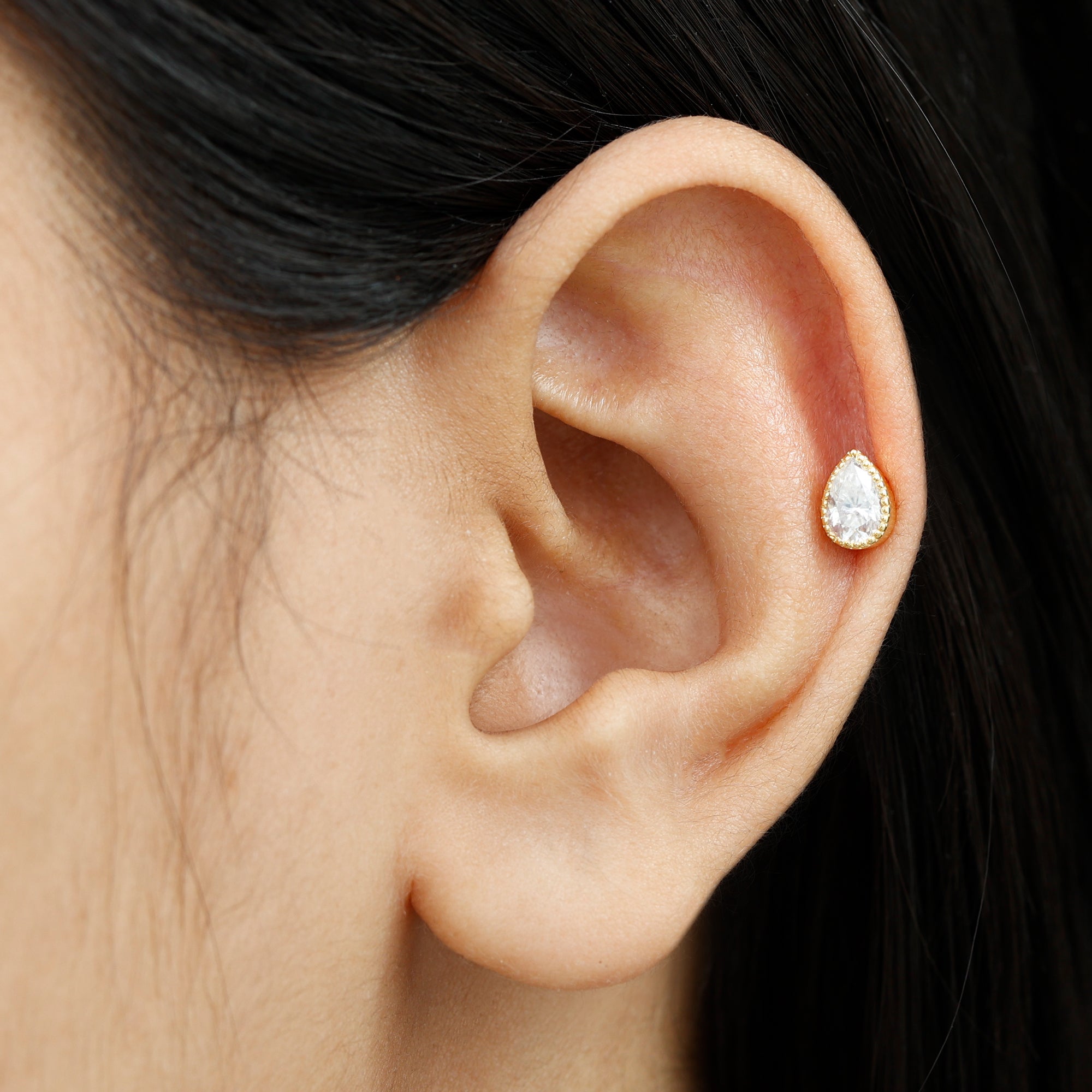 Solitaire Diamond Teardrop Stud Earring for Helix Piercing Natural - ( HI-SI ) - Rosec Jewels