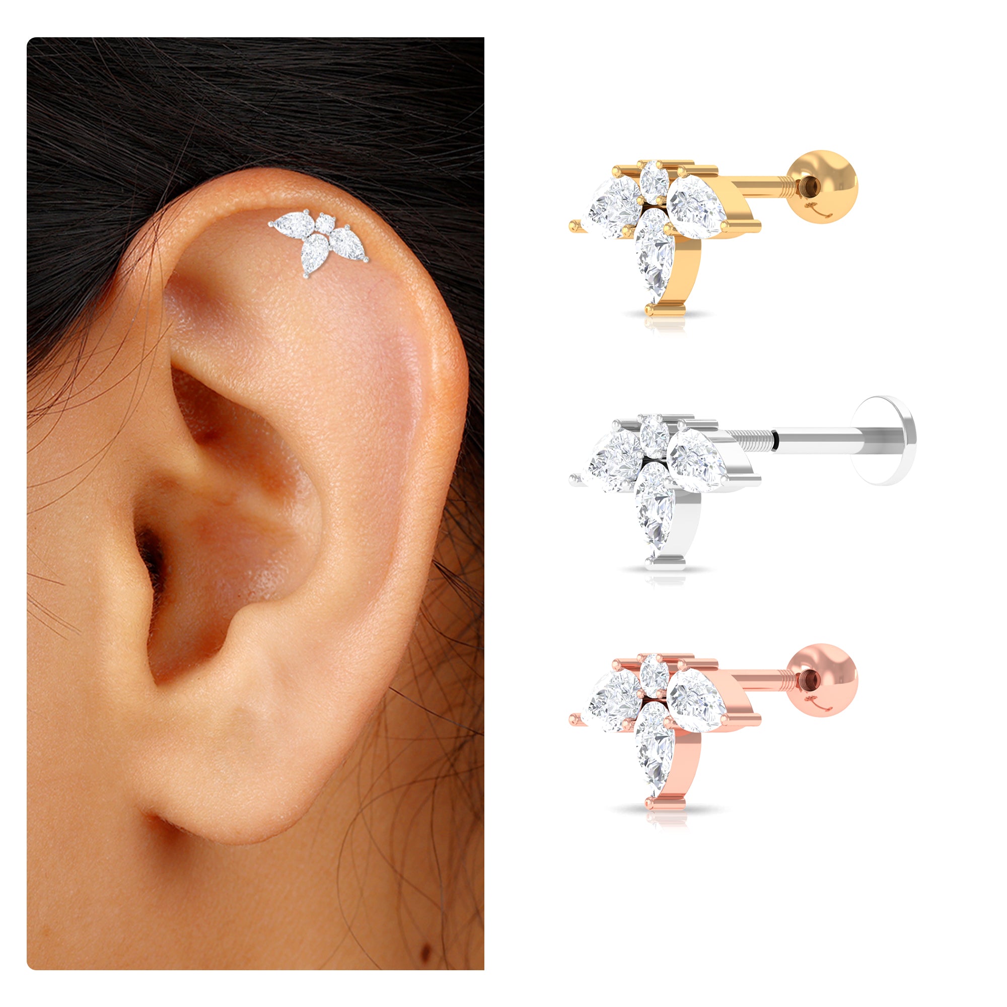 Certified Pear Shape Moissanite Flower Helix Earring Moissanite - ( D-VS1 ) - Color and Clarity - Rosec Jewels