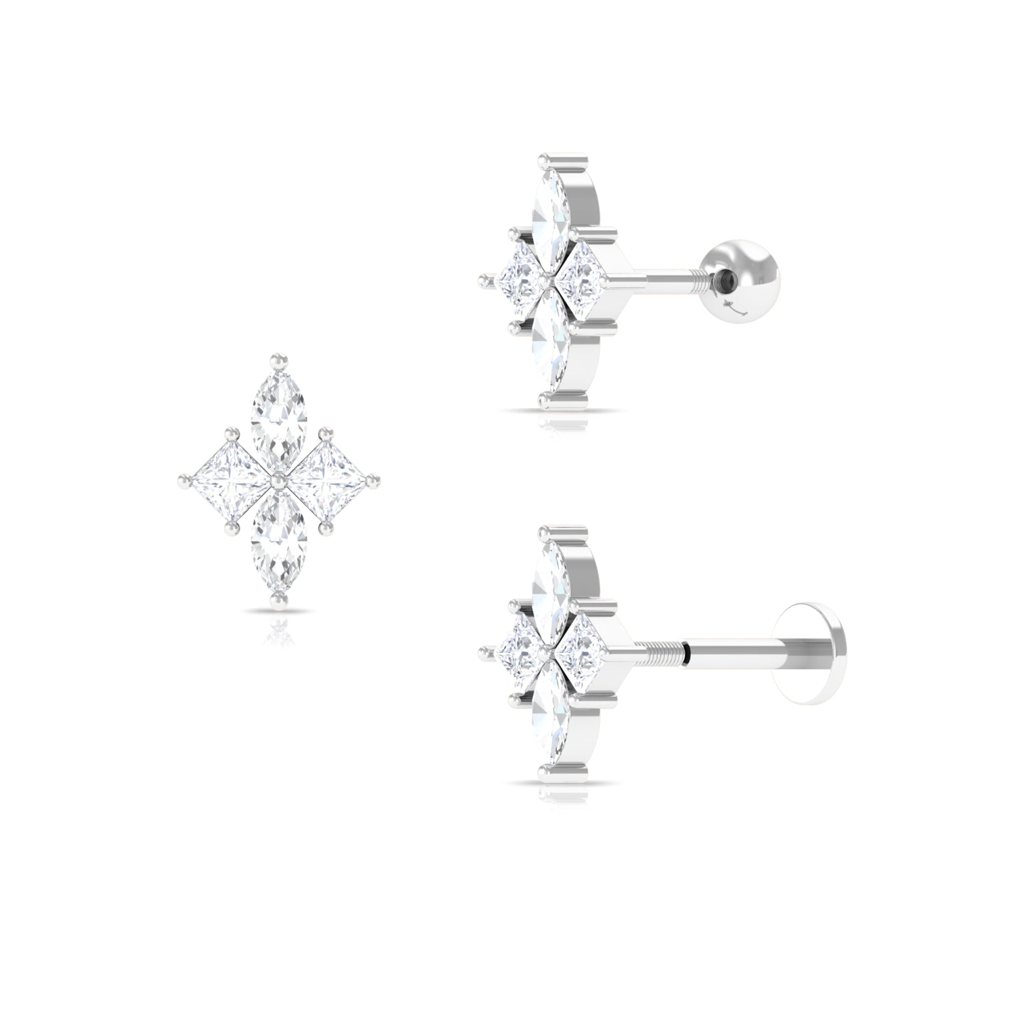 Marquise and Princess Cut Moissanite Flower Cartilage Earring Moissanite - ( D-VS1 ) - Color and Clarity - Rosec Jewels