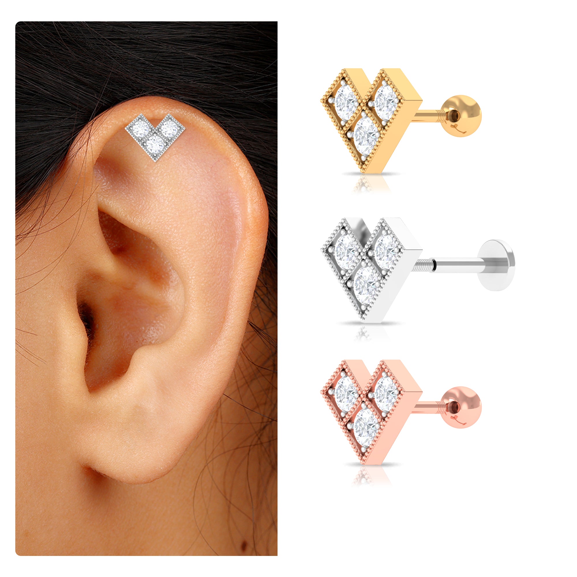 Round Moissanite Chevron Helix Earring with Beaded Gold Moissanite - ( D-VS1 ) - Color and Clarity - Rosec Jewels
