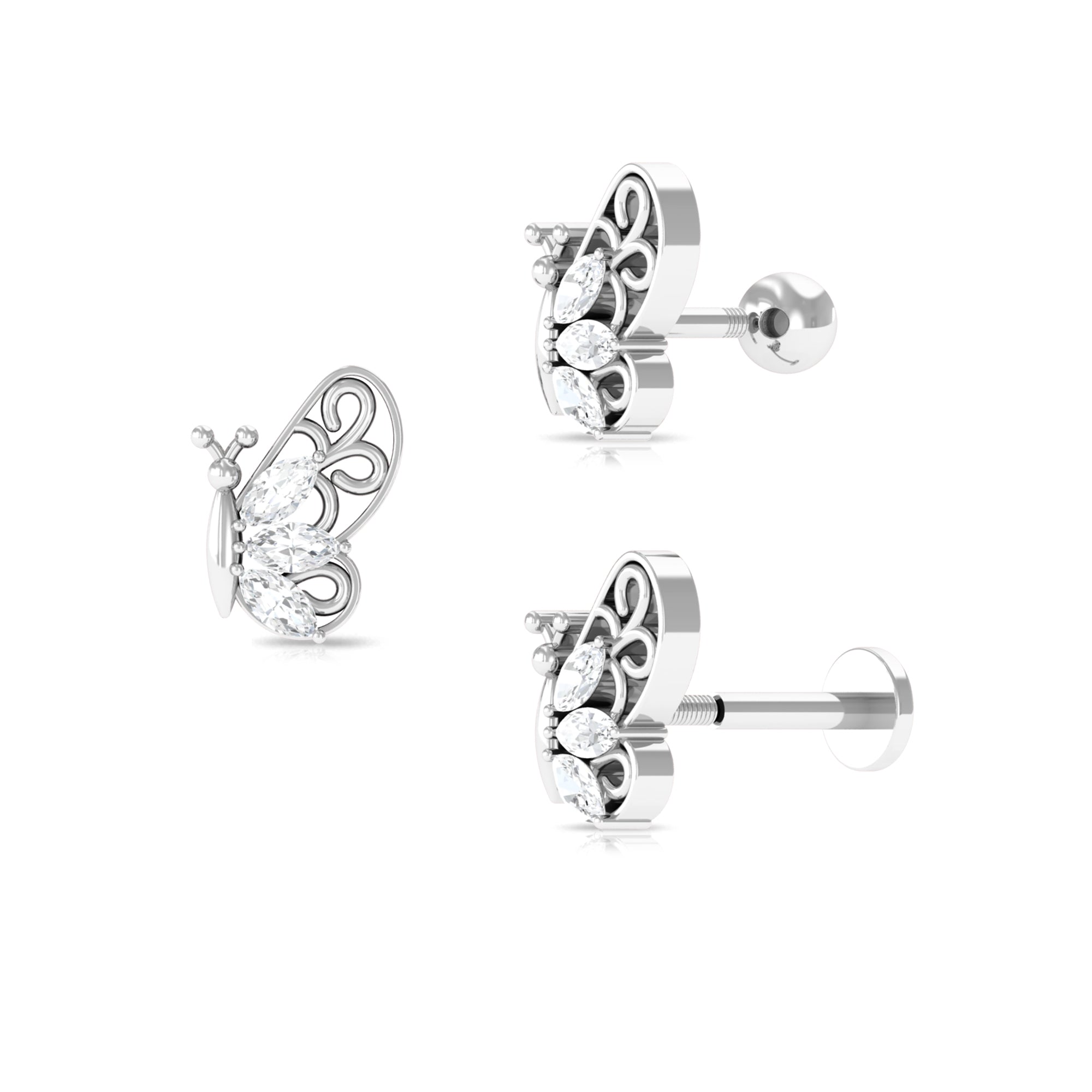 Moissanite Butterfly Helix Earring with Gold Filigree Moissanite - ( D-VS1 ) - Color and Clarity - Rosec Jewels