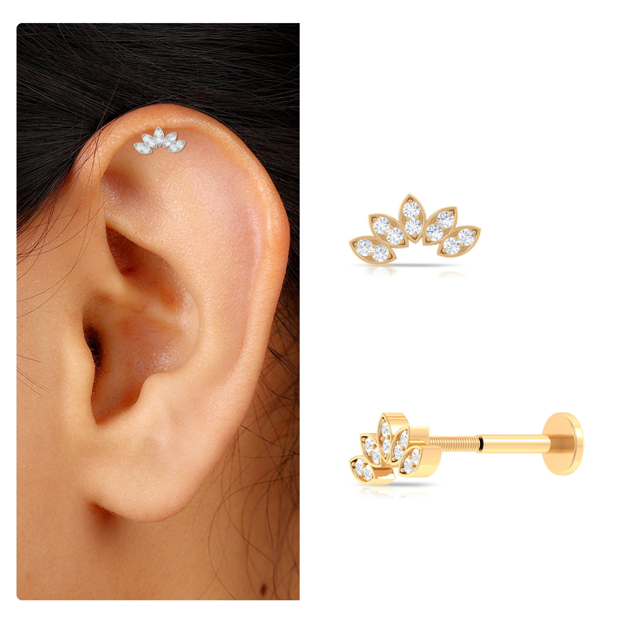 Natural Round Diamond Flower Earring for Helix Piercing Natural - ( HI-SI ) - Rosec Jewels