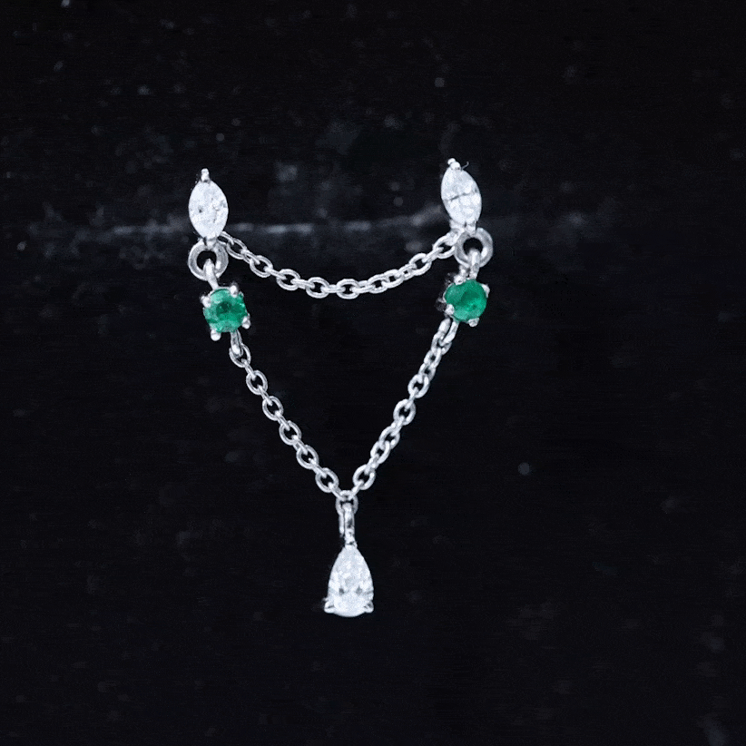 Certified Moissanite Double Chain Drop Earring with Created Emerald Lab Created Emerald - ( AAAA ) - Quality - Rosec Jewels