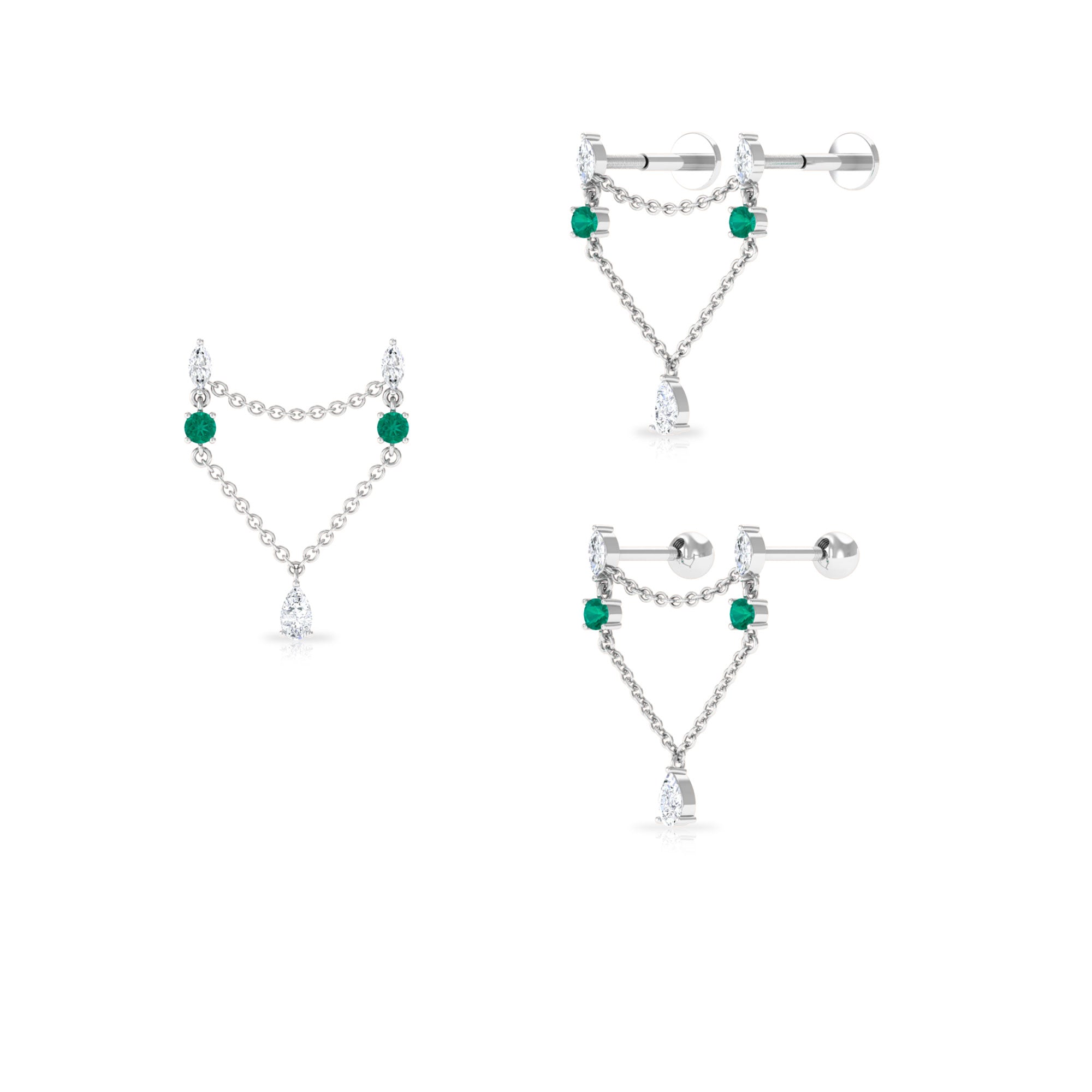 Certified Moissanite Double Chain Drop Earring with Created Emerald Lab Created Emerald - ( AAAA ) - Quality - Rosec Jewels