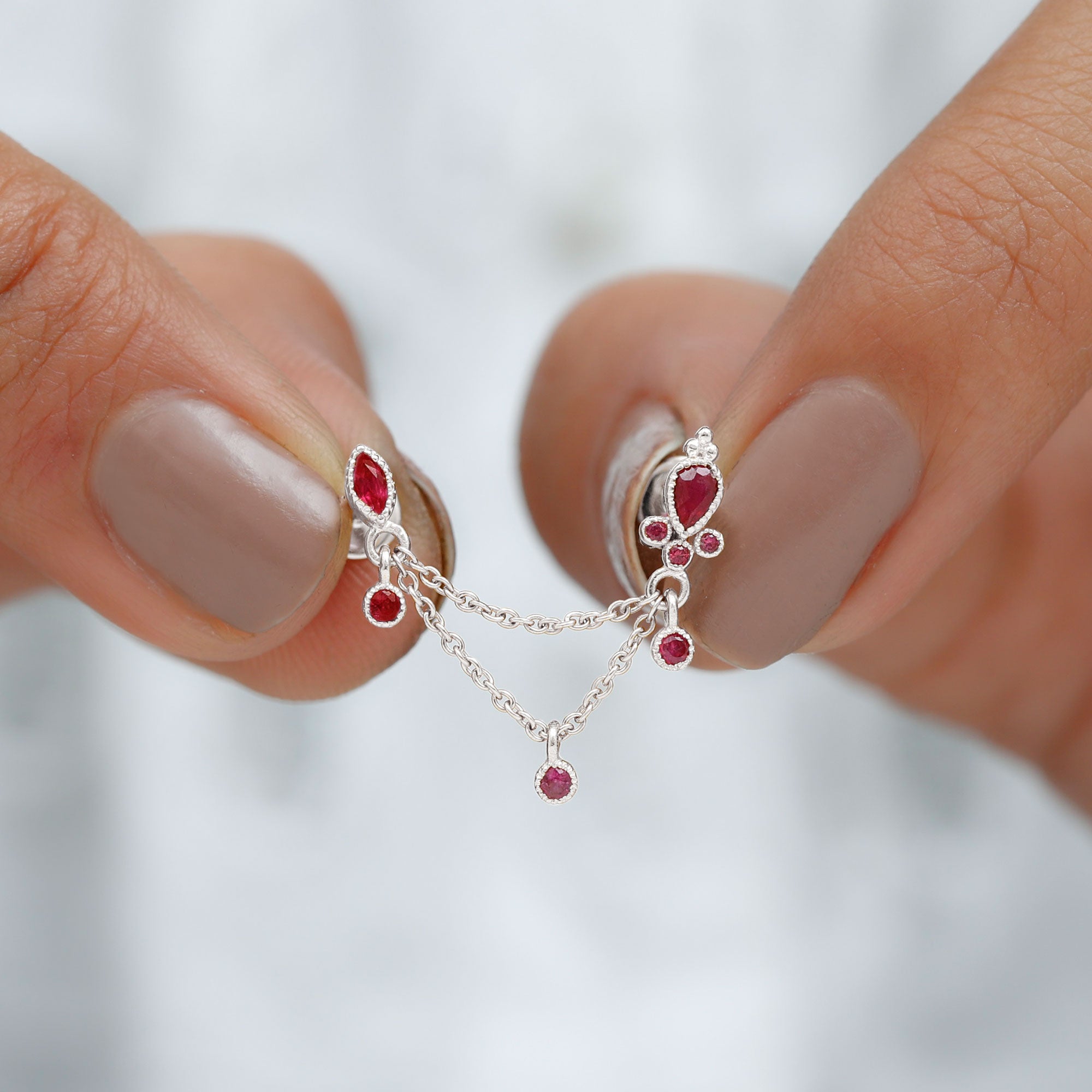 Natural Red Ruby Double Piercing Earring with Dangling Chain Ruby - ( AAA ) - Quality - Rosec Jewels