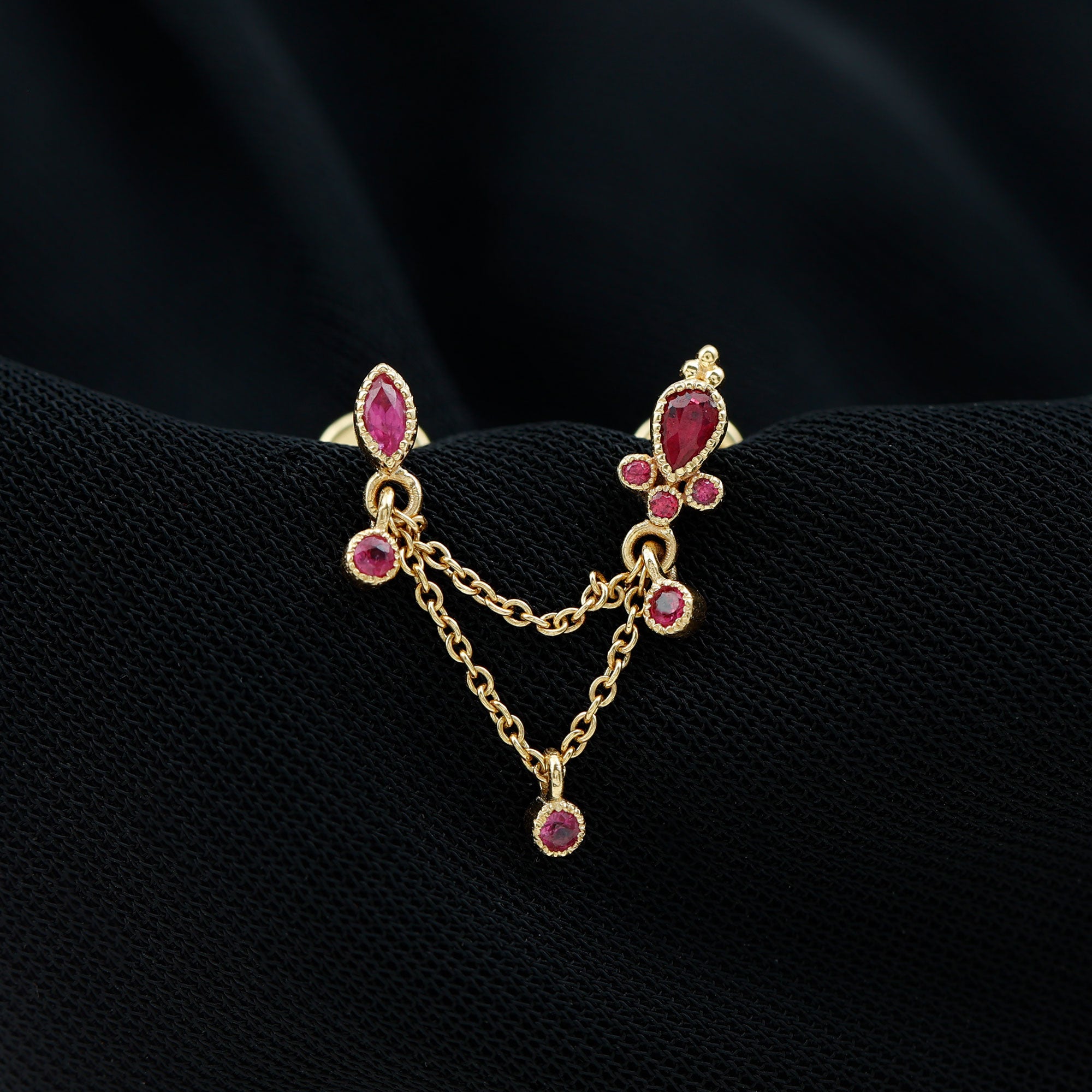 Natural Red Ruby Double Piercing Earring with Dangling Chain Ruby - ( AAA ) - Quality - Rosec Jewels