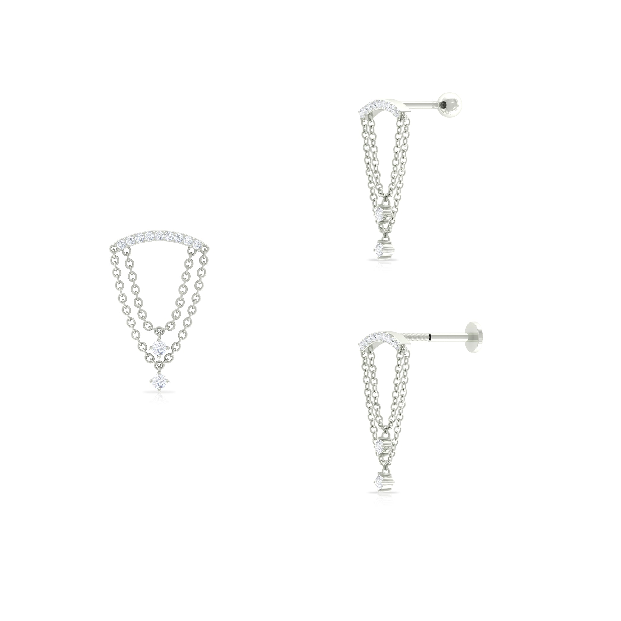 Moissanite Double Chain Dangling Earring for Cartilage Piercing Moissanite - ( D-VS1 ) - Color and Clarity - Rosec Jewels