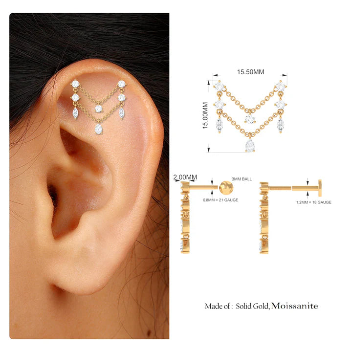 Certified Moissanite Double Chain Helix Earring in Gold Moissanite - ( D-VS1 ) - Color and Clarity - Rosec Jewels