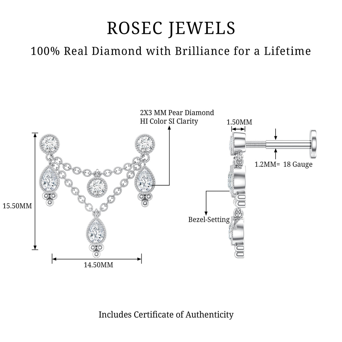 Vintage Inspired Diamond Chain Double Piercing Earring Natural - ( HI-SI ) - Rosec Jewels