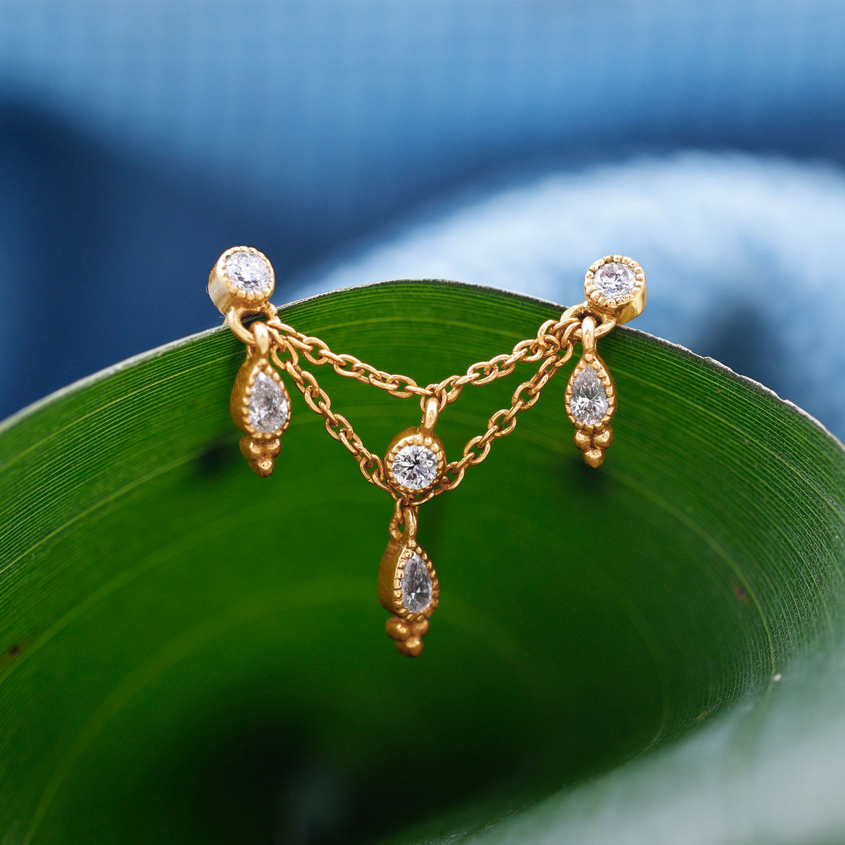 Vintage Inspired Diamond Chain Double Piercing Earring Natural - ( HI-SI ) - Rosec Jewels