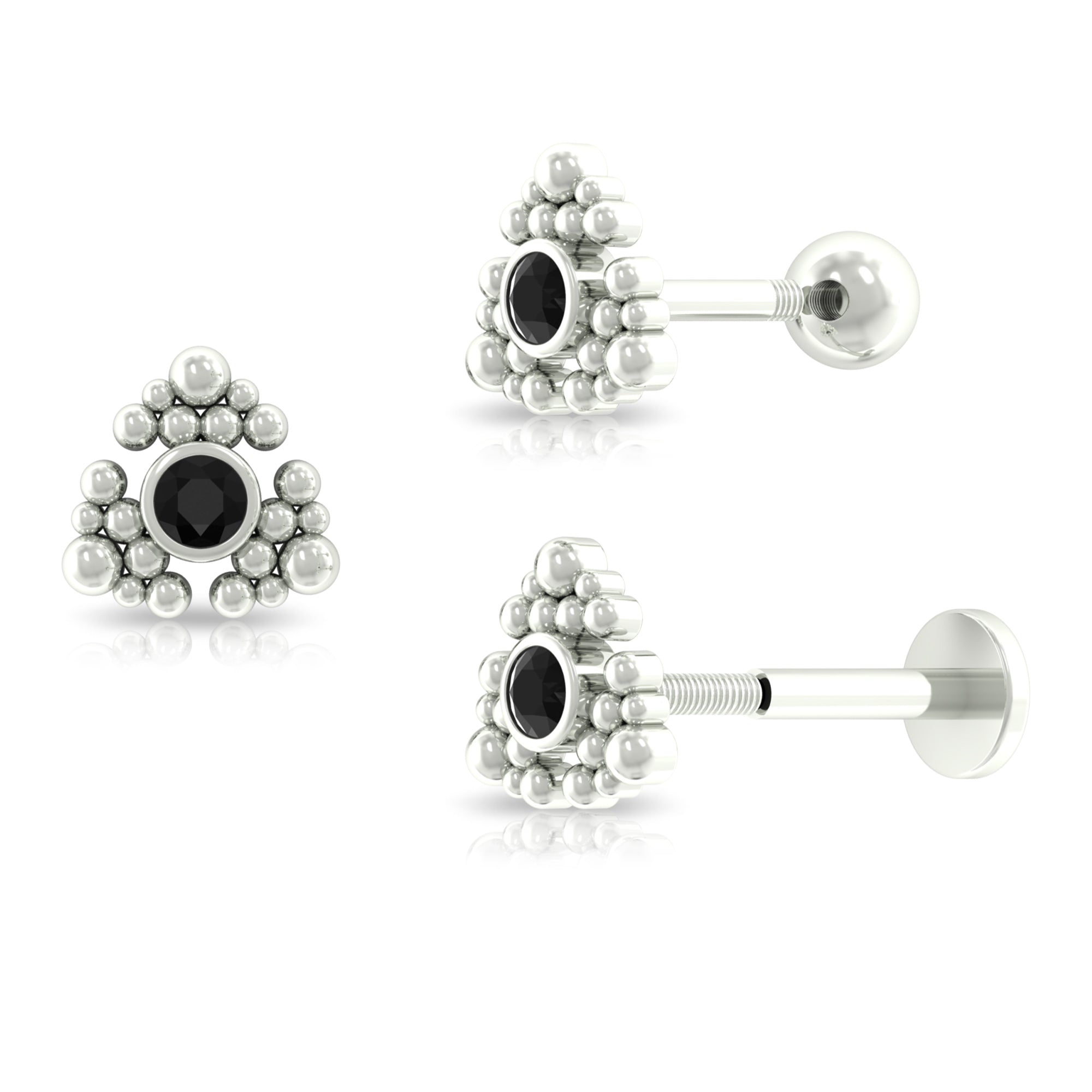 Round Black Diamond Gold Beaded Earring for Helix Piercing Black Diamond - ( AAA ) - Quality - Rosec Jewels