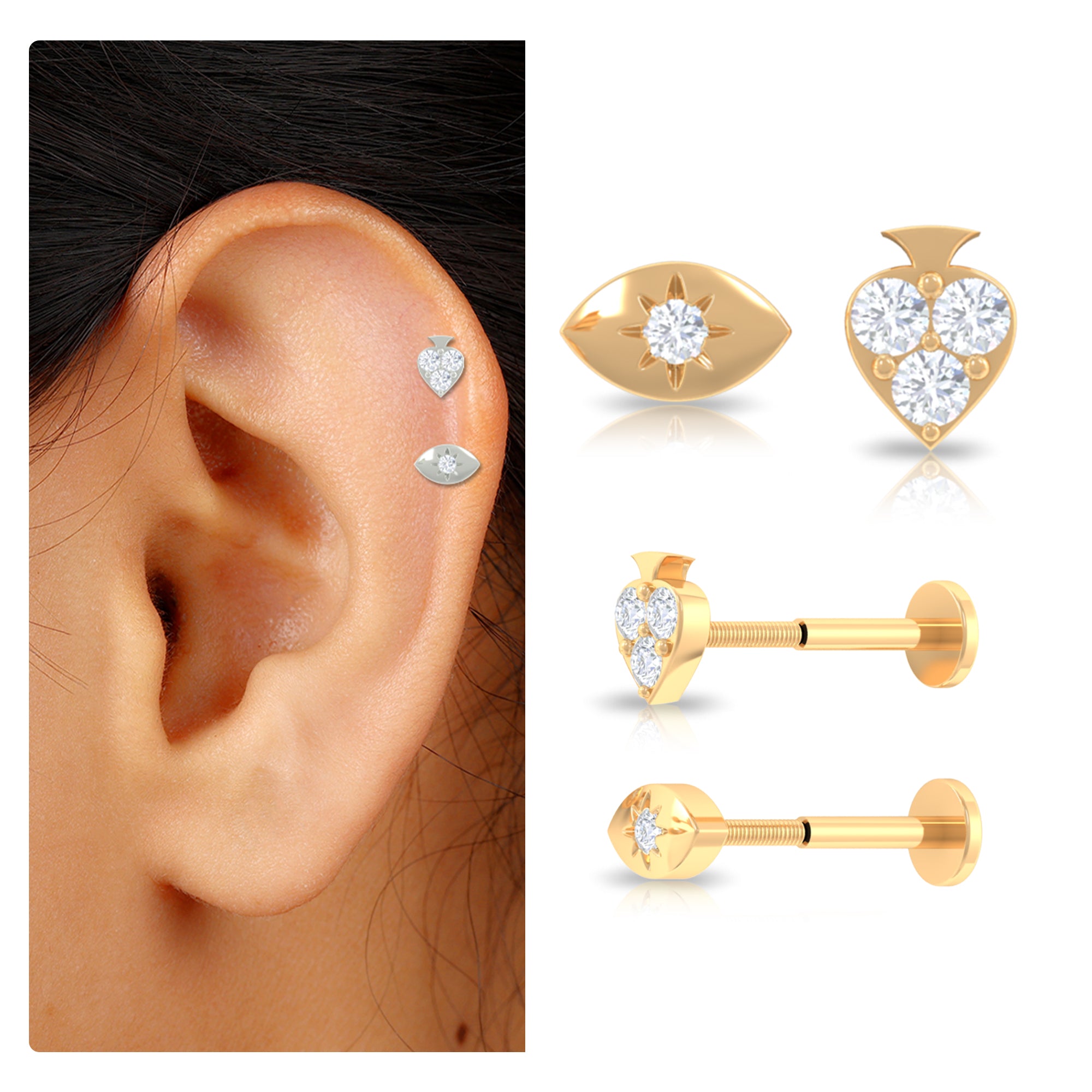 Moissanite Spade and Evil Eye Helix Earring Set in Gold Moissanite - ( D-VS1 ) - Color and Clarity - Rosec Jewels