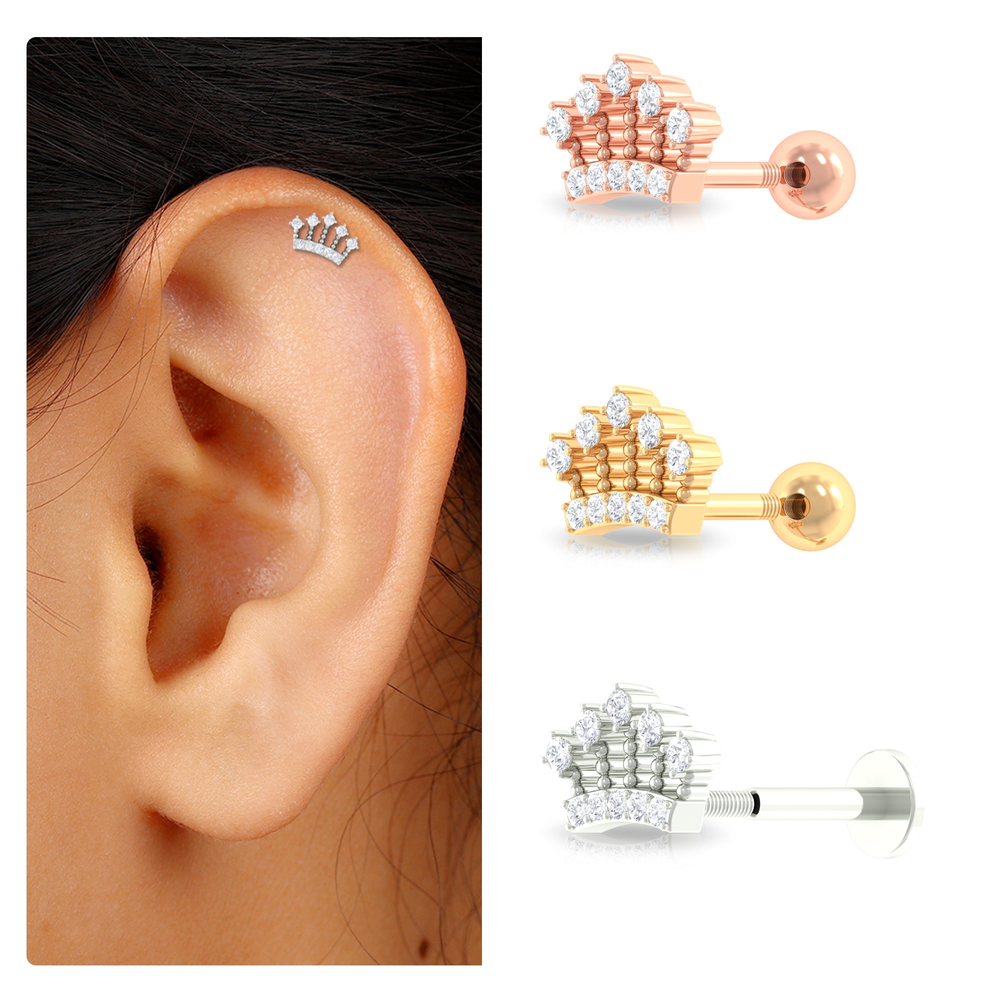 Moissanite Crown Helix Earring with Gold Beaded Moissanite - ( D-VS1 ) - Color and Clarity - Rosec Jewels