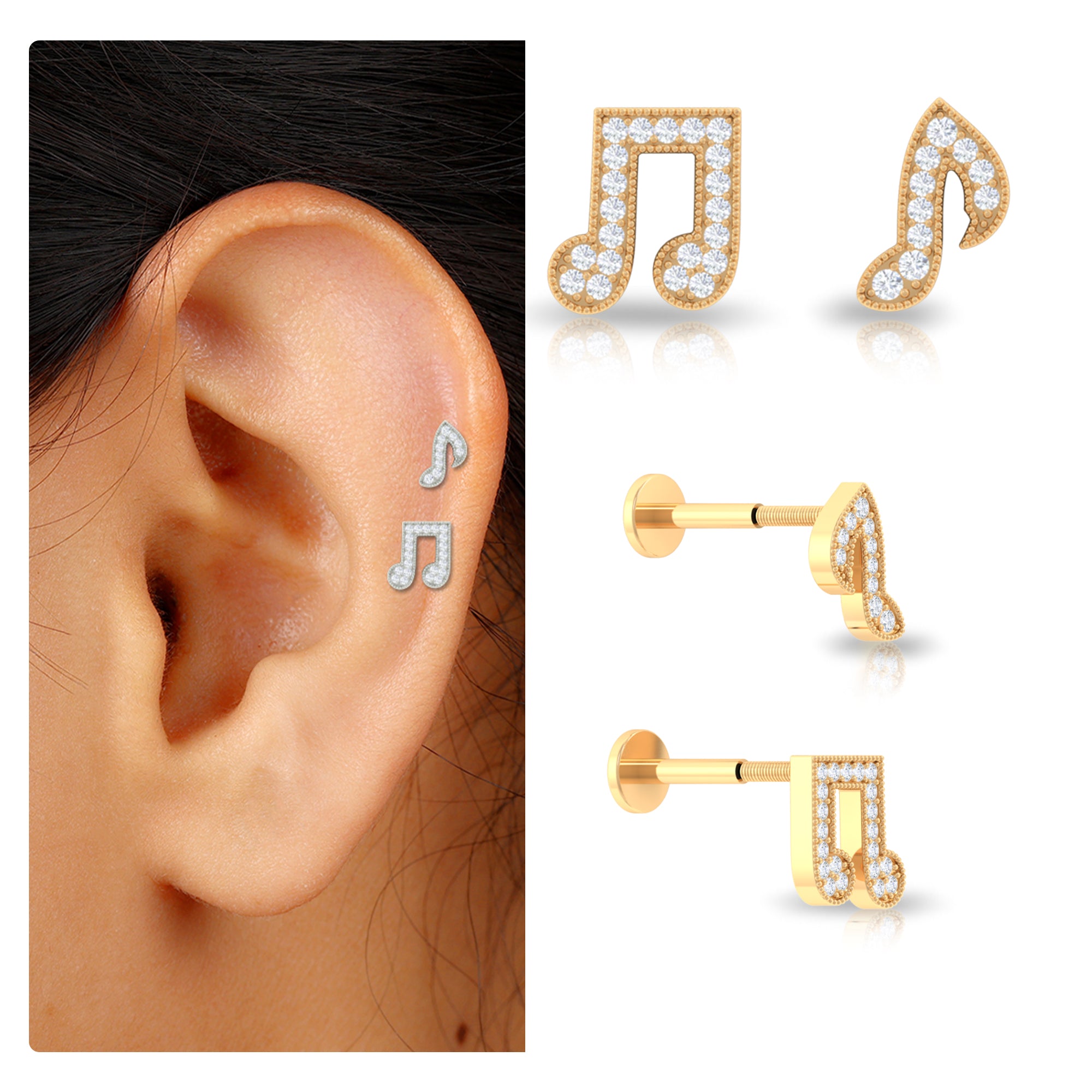 Moissanite Gold Music Note Earring Set for Helix Piercing Moissanite - ( D-VS1 ) - Color and Clarity - Rosec Jewels