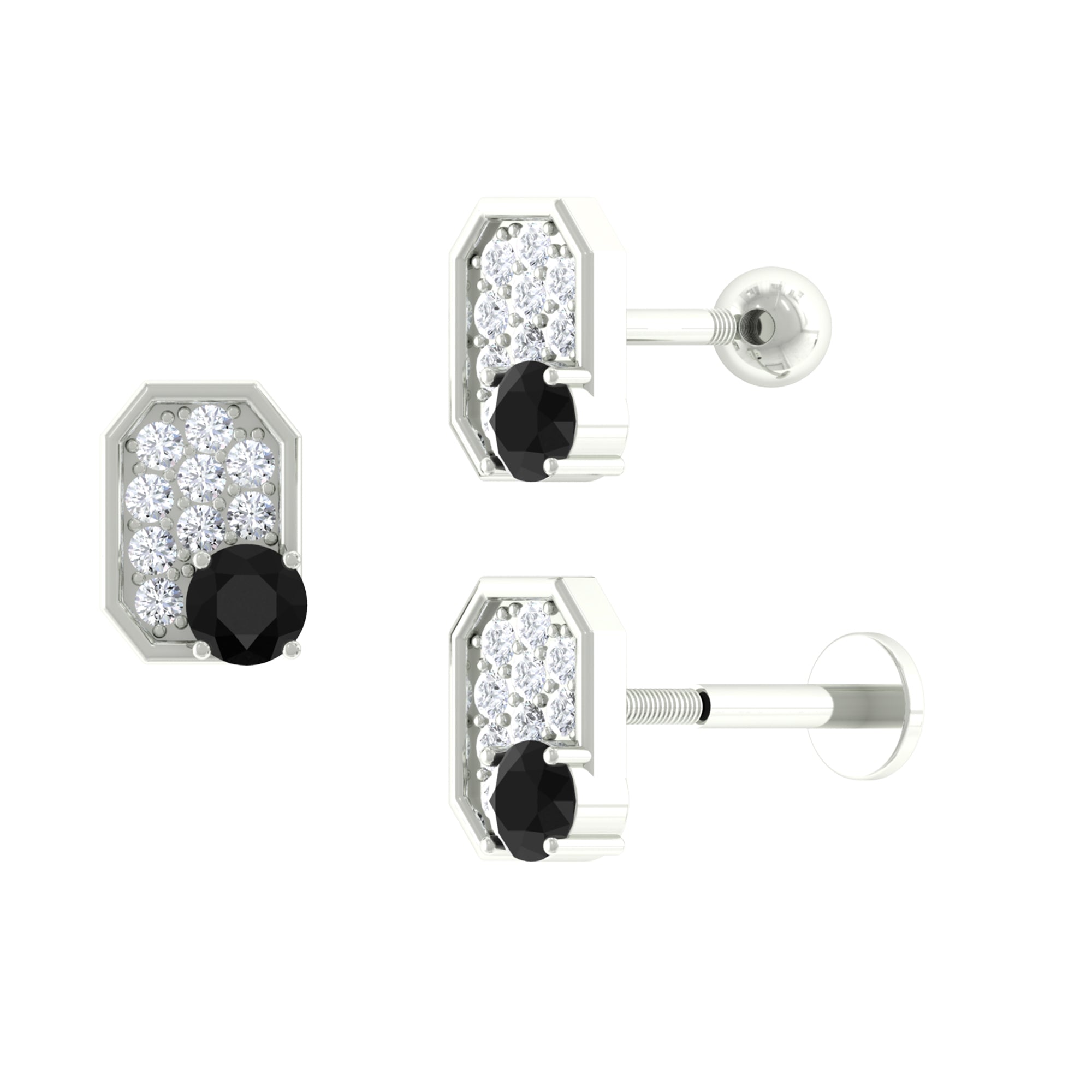 1/4 CT Black Onyx and Moissanite Octagon Cartilage Stud Earring Black Onyx - ( AAA ) - Quality - Rosec Jewels