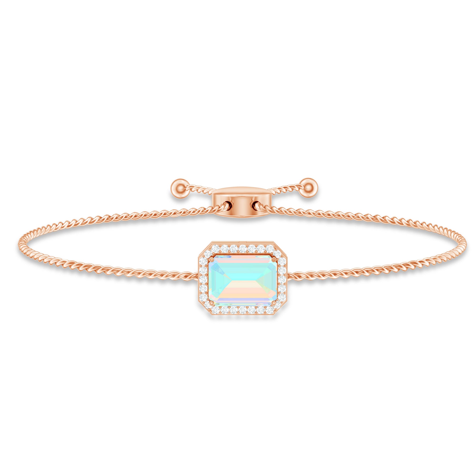 2 Carat Emerald Cut Ethiopian Opal and Diamond Bolo Chain Bracelet AAA - Rosec Jewels