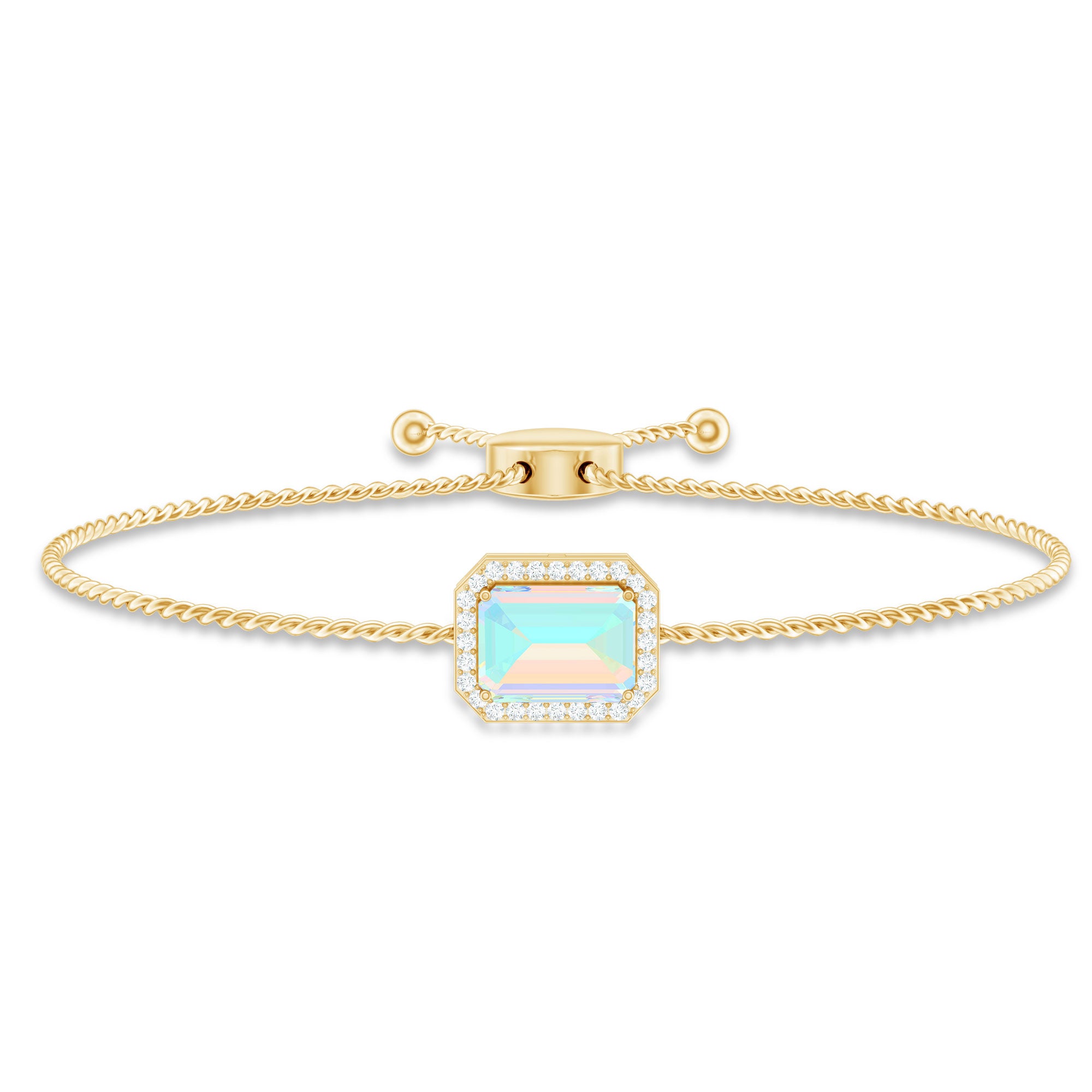 2 Carat Emerald Cut Ethiopian Opal and Diamond Bolo Chain Bracelet AAA - Rosec Jewels
