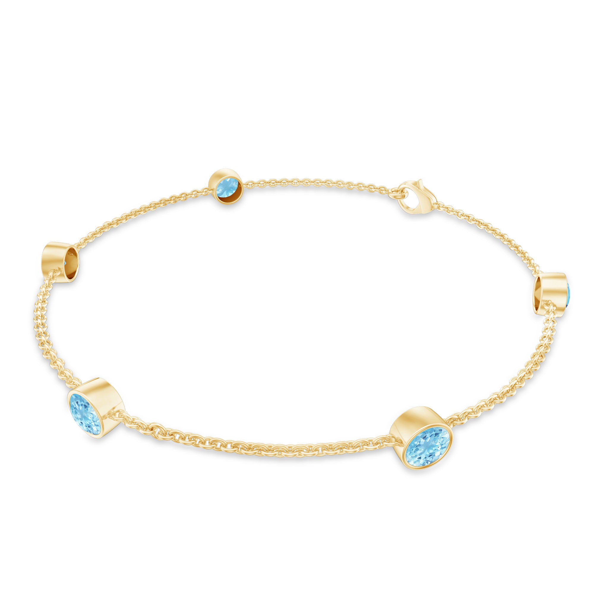 Real Aquamarine Station Chain Bracelet in Bezel Setting AAA - Rosec Jewels