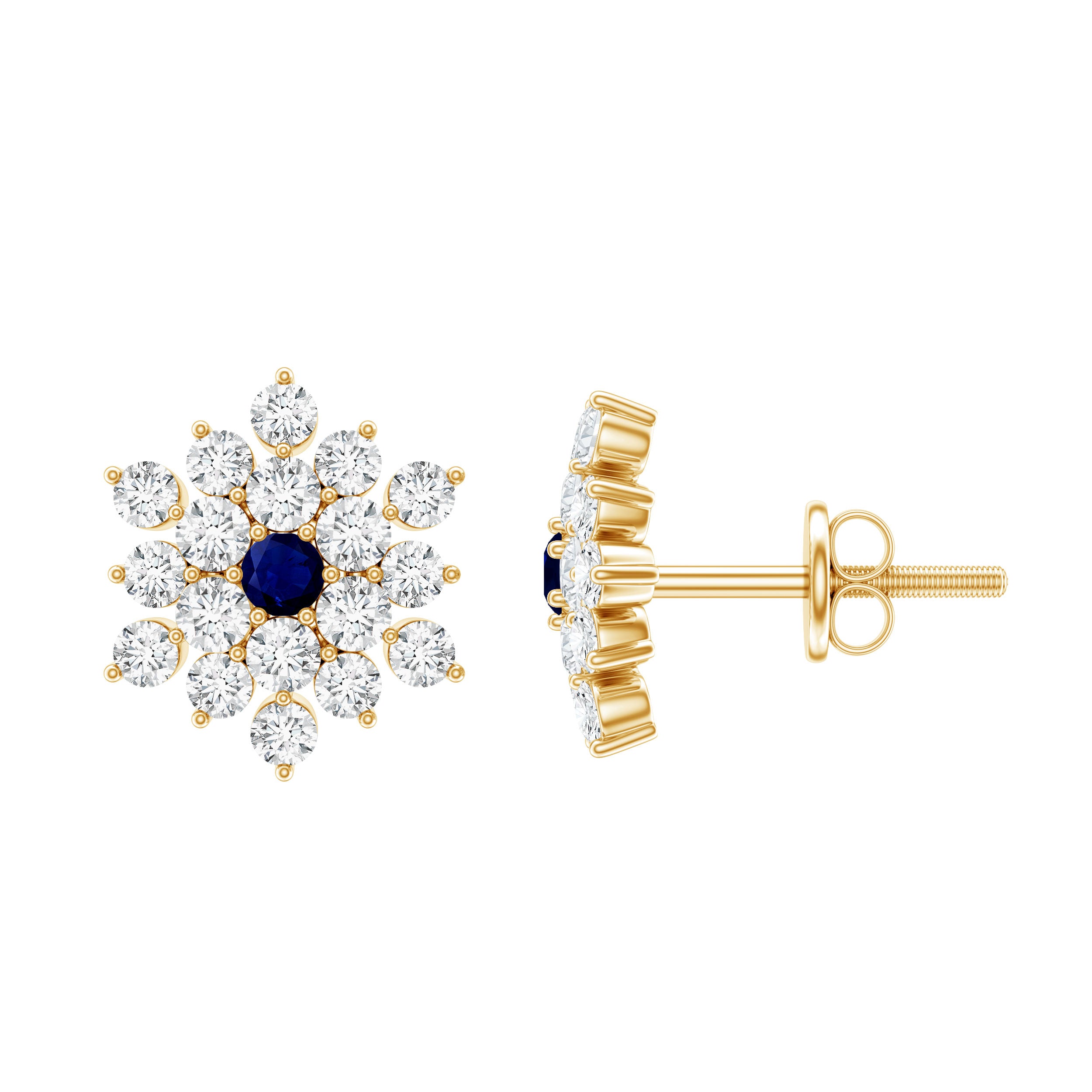 Real Blue Sapphire and Diamond Floral Cluster Stud Earrings AAA - Rosec Jewels
