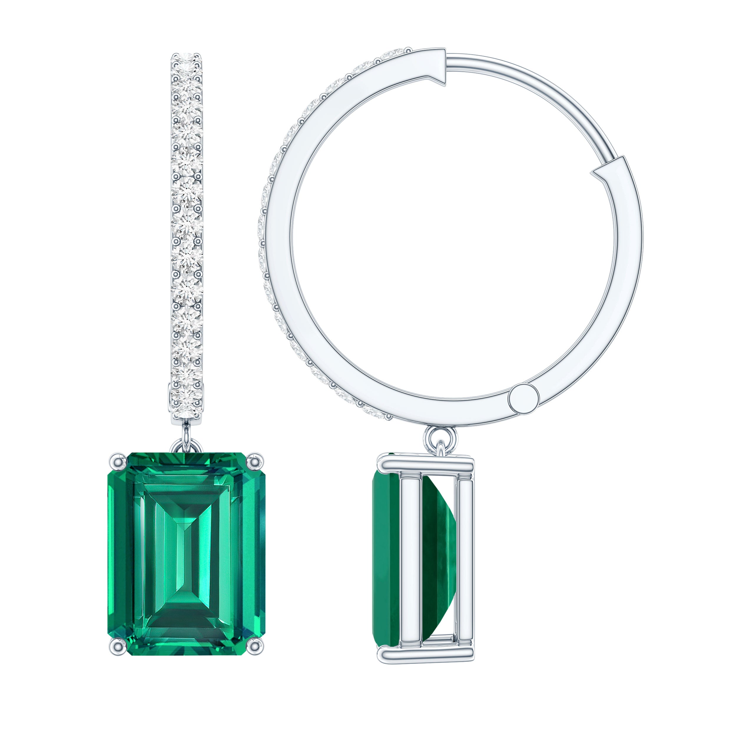 5 CT Lab Grown Emerald Hoop Dangle Earrings with Diamond AAAA - Rosec Jewels