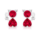 2 CT Kitty Stud Earrings with Round and Heart Shape Created Ruby Lab Created Ruby - ( AAAA ) - Quality - Rosec Jewels