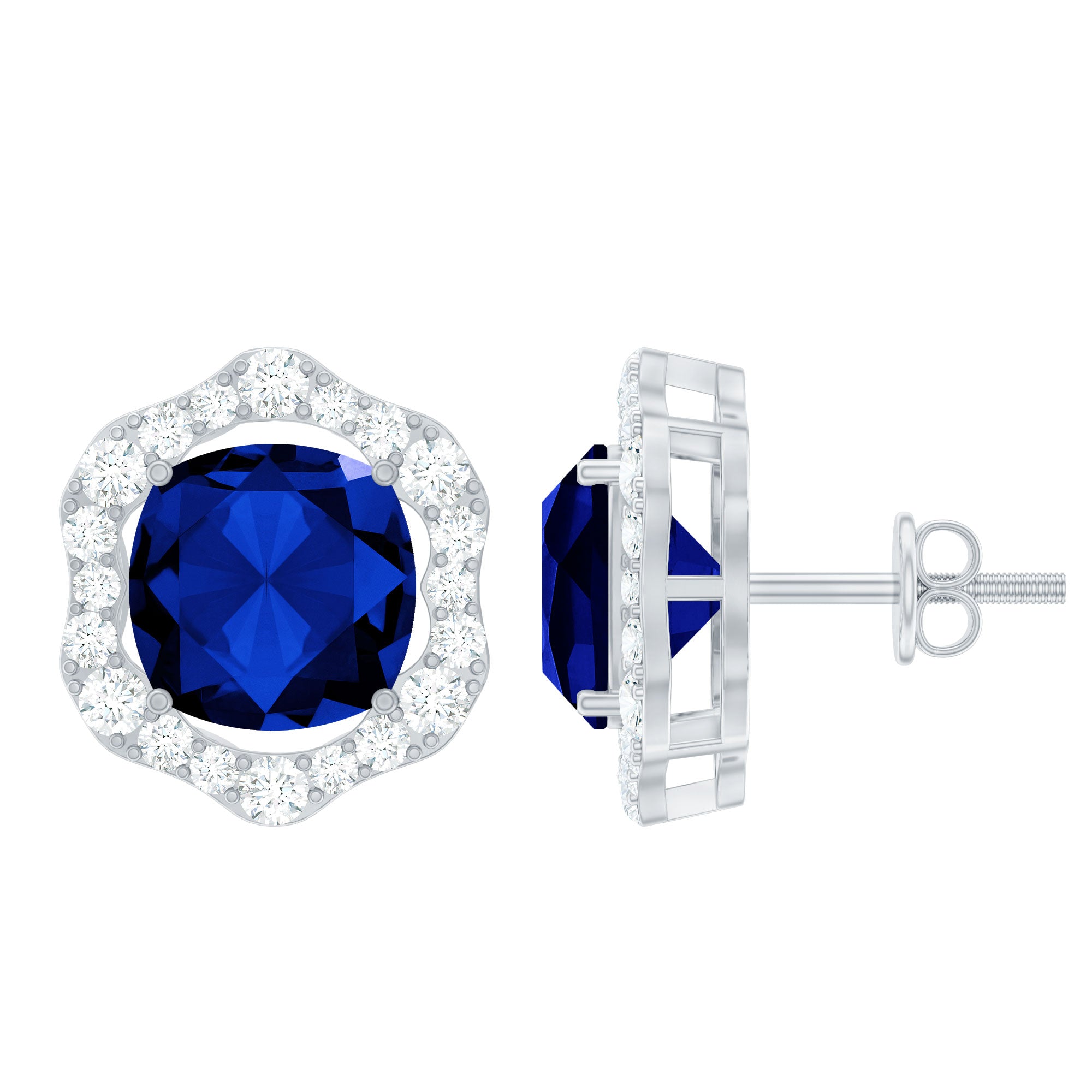Classic Lab Grown Blue Sapphire Halo Stud Earrings with Diamond
