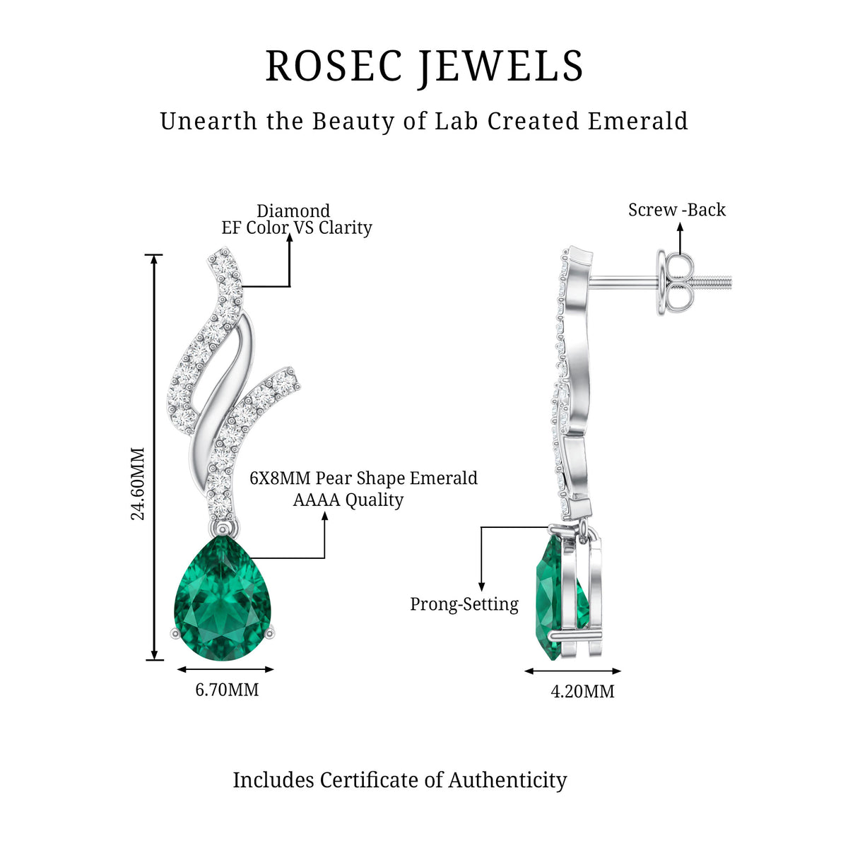 Vintage Lab Grown Emerald Teardrop Earrings with Diamond Accent AAAA - Rosec Jewels