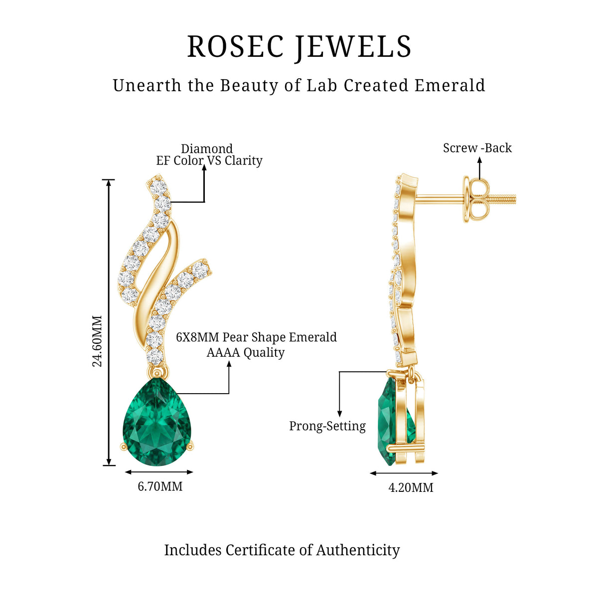 Vintage Lab Grown Emerald Teardrop Earrings with Diamond Accent AAAA - Rosec Jewels