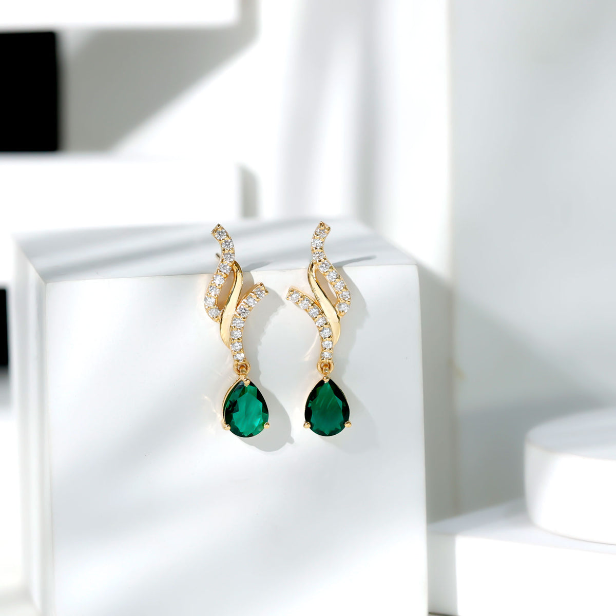 Vintage Lab Grown Emerald Teardrop Earrings with Diamond Accent AAAA - Rosec Jewels