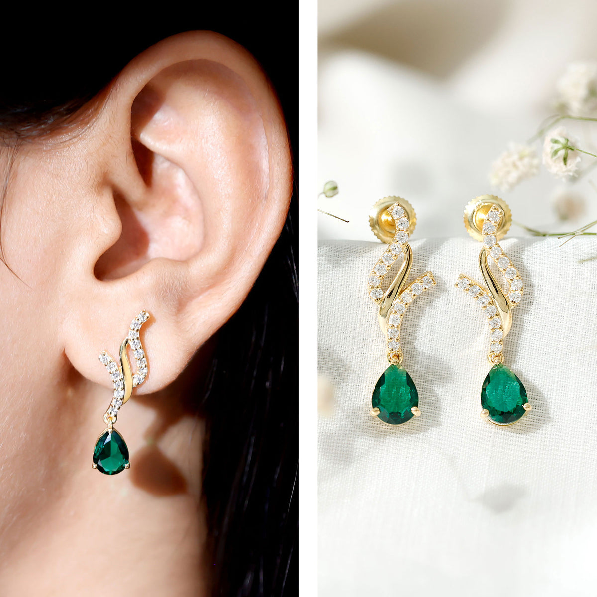 Vintage Lab Grown Emerald Teardrop Earrings with Diamond Accent AAAA - Rosec Jewels