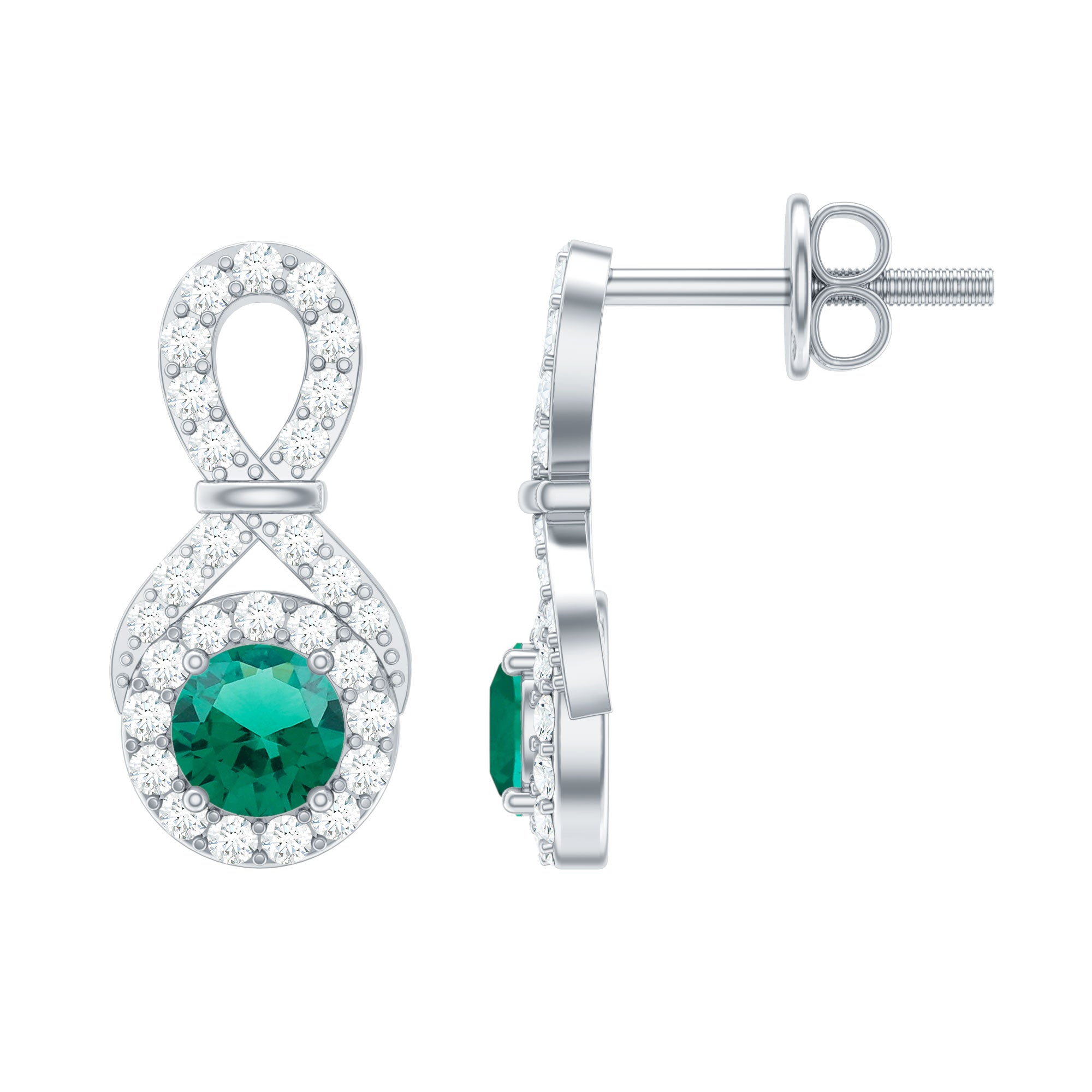 Lab Created Emerald Infinity Stud Earrings with Moissanite