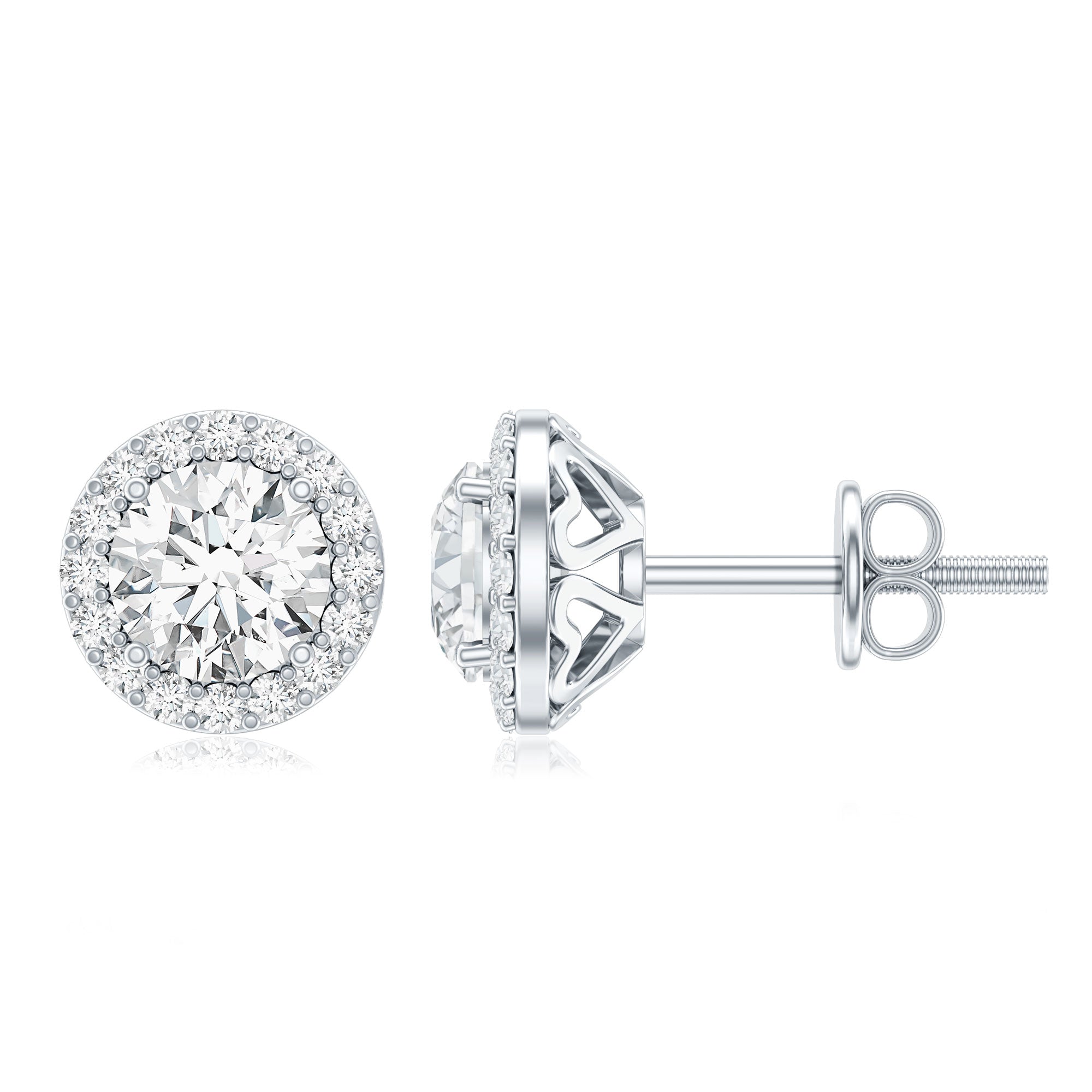 5 MM Round Lab Grown Diamond Halo Stud Earrings With Screw Back Lab - ( EF-VS ) - Rosec Jewels