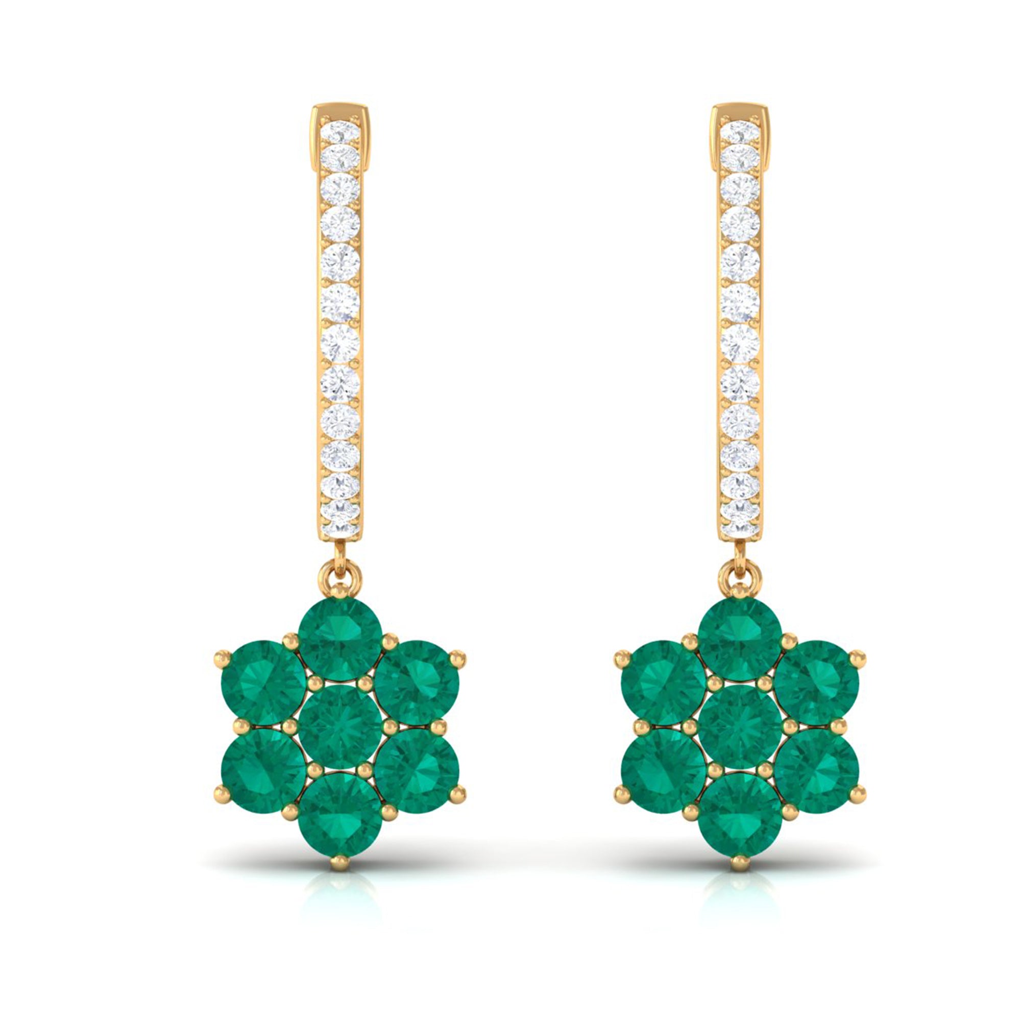1.75 CT Emerald Floral Hoop Drop Earrings with Diamond Accent Emerald - ( AAA ) - Quality - Rosec Jewels