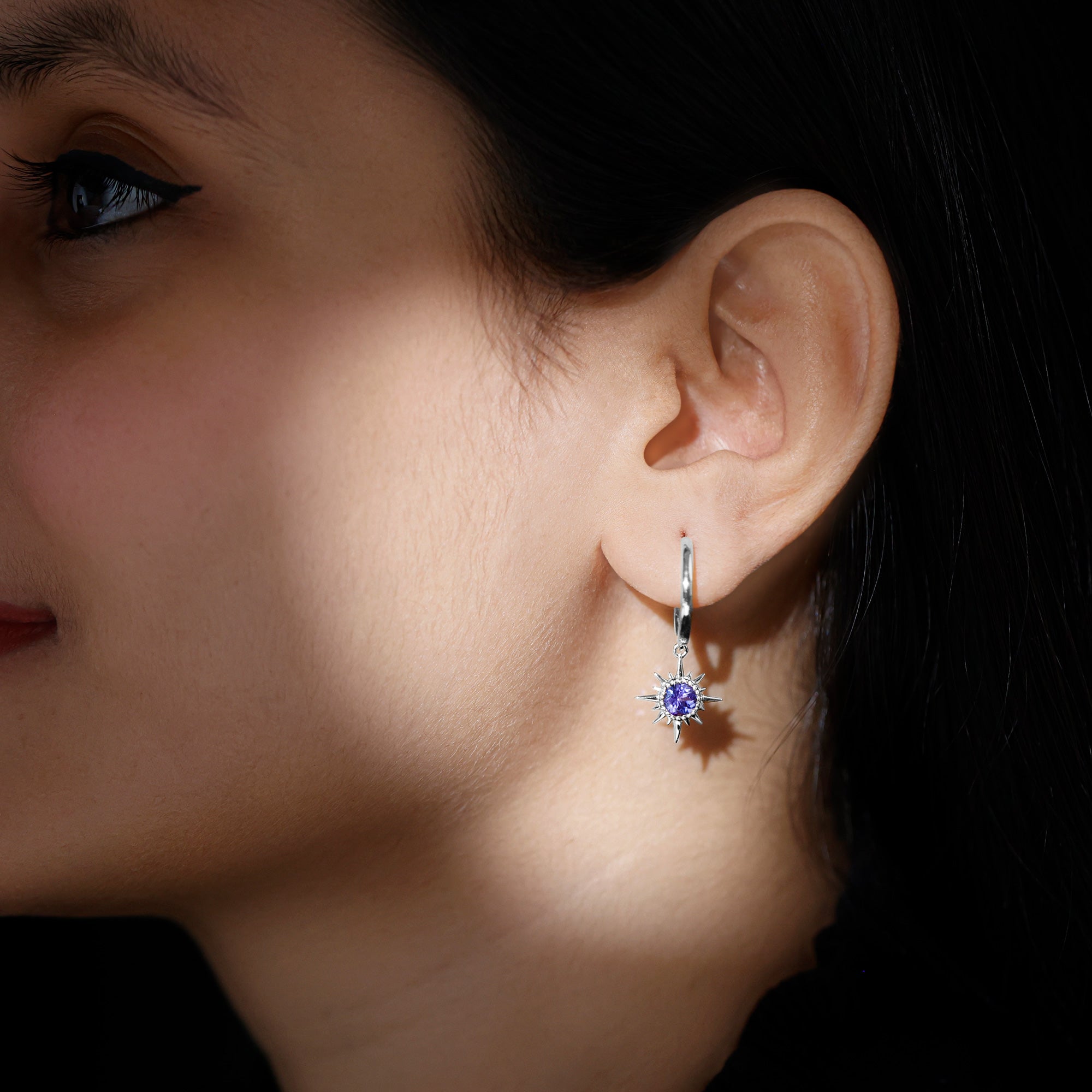 Real Tanzanite Sunburst Hoop Drop Earrings AAA - Rosec Jewels